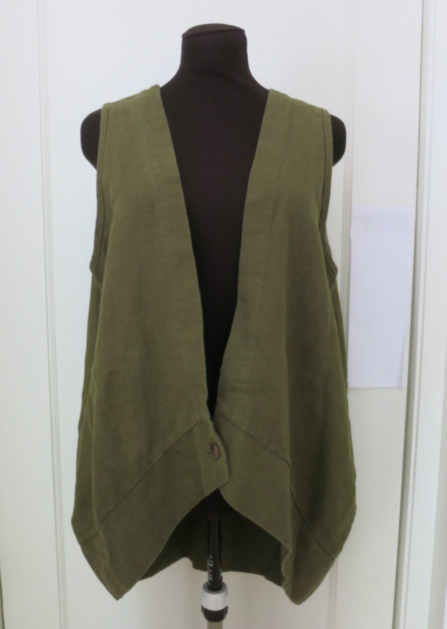 Yea Army Green Linen Oversize Asymmetric V Front Curve Back Hem Long Vest S M