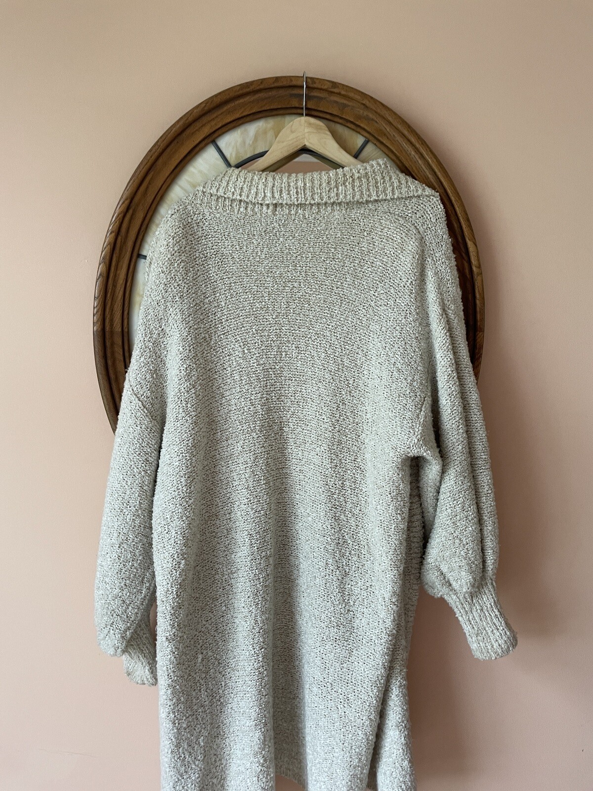 90s Vintage Acrylic Knit Light Beige Pockets Open Front Sweater Jacket L/XL