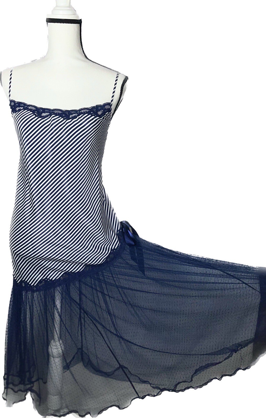 Vtg KEYLOUN Slip Flapper Dress Nightgown Drop Waist Net Mesh Skirt Navy Blue L