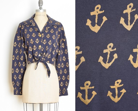 vintage 80s jacket top navy metallic gold anchor print nautical sailor L XL