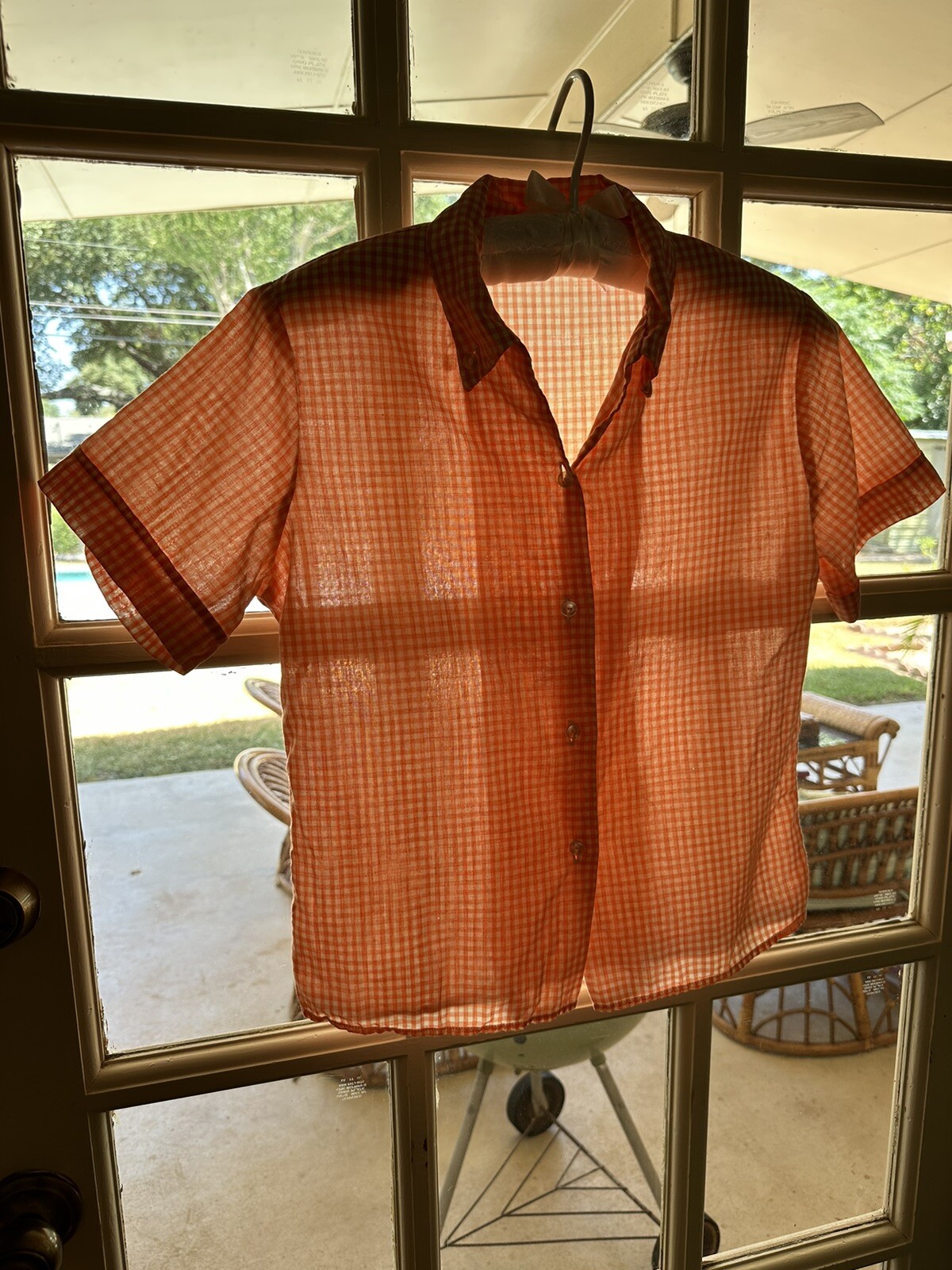 1950s Stoneswear Peach Gingham Cotton Blouse Top Shirt Western Workwear Farm VTG
