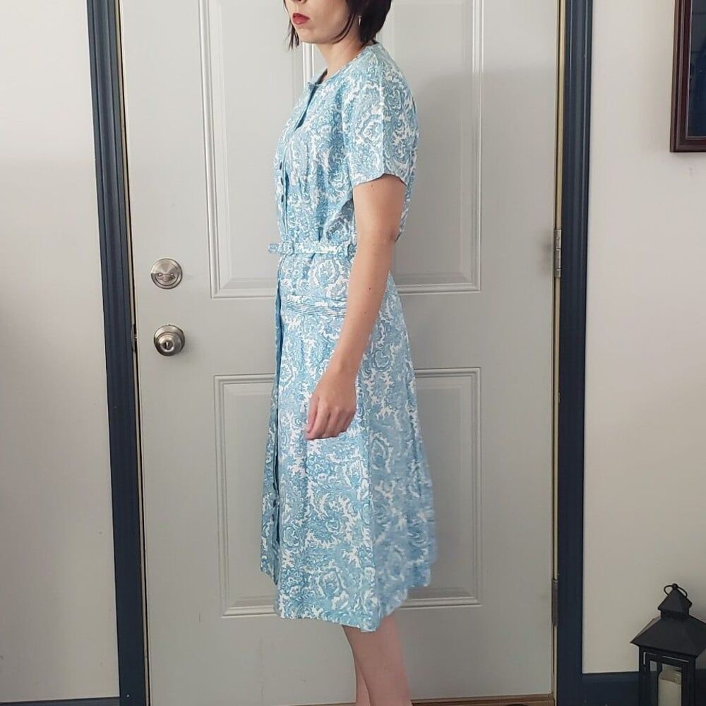60s Deadstock Blue and White Rayon and Cotton Day Dress