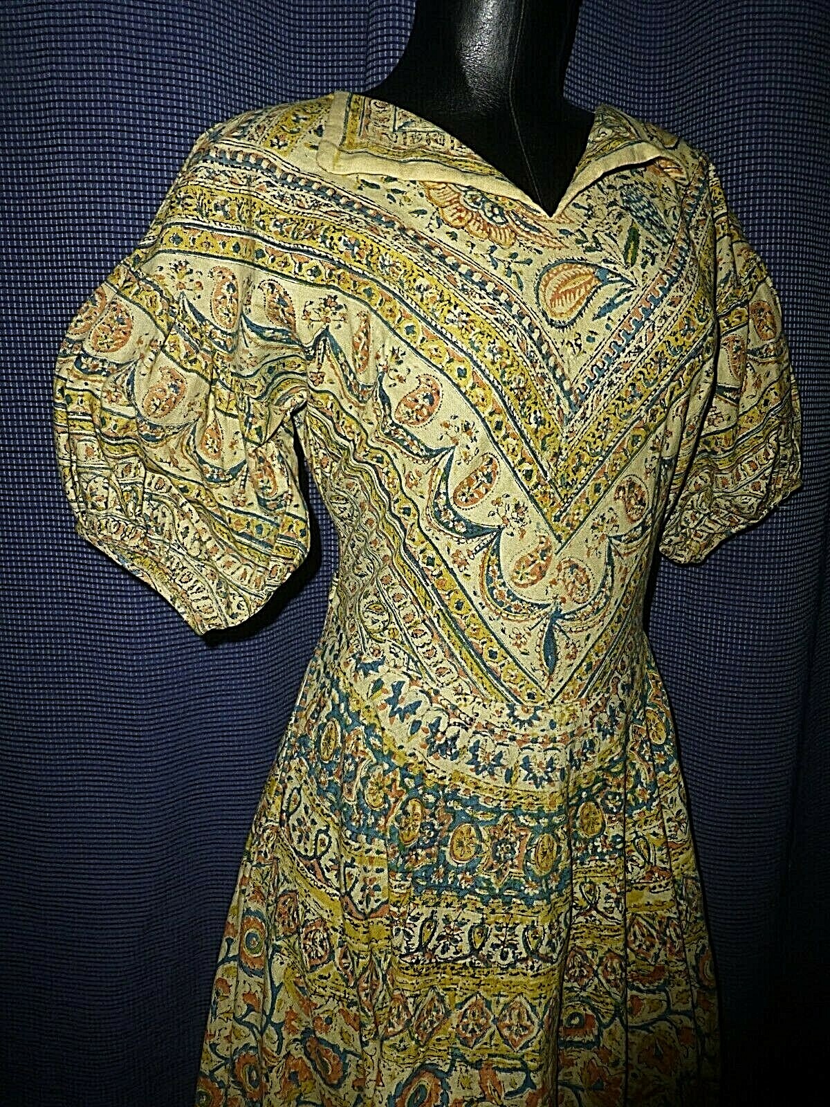 Vtg 50s INDIA Block Print Cotton Ethnic Hippie Boho Gypsy Full Skirt maxi Dress