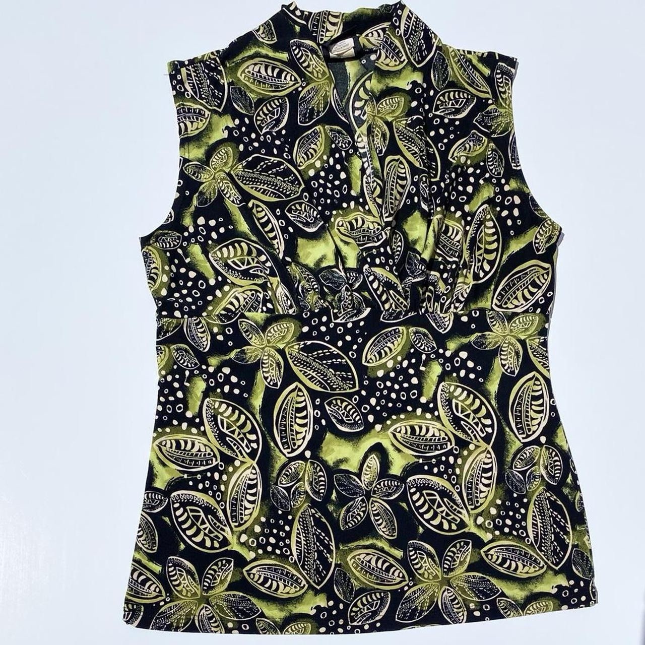 Vintage JKLA California Black and Green Abstract Plant V-Neck Top Y2K 2000s 90s