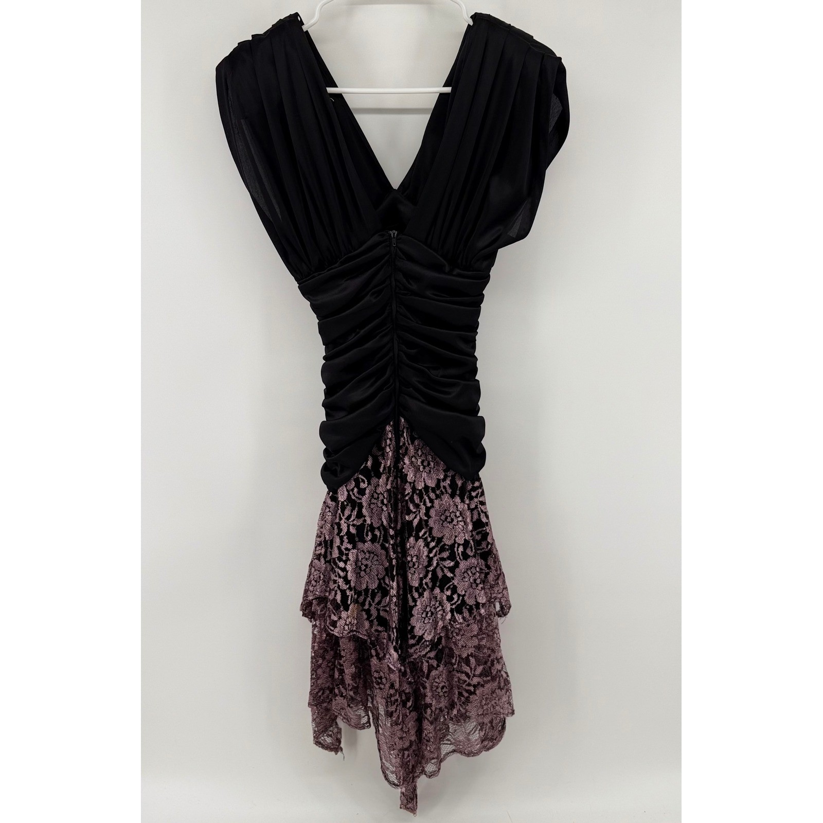 Vintage 80s SENECA Prom Dress Gothic Black Ruched Liquid Satin Pink Lace 3/4