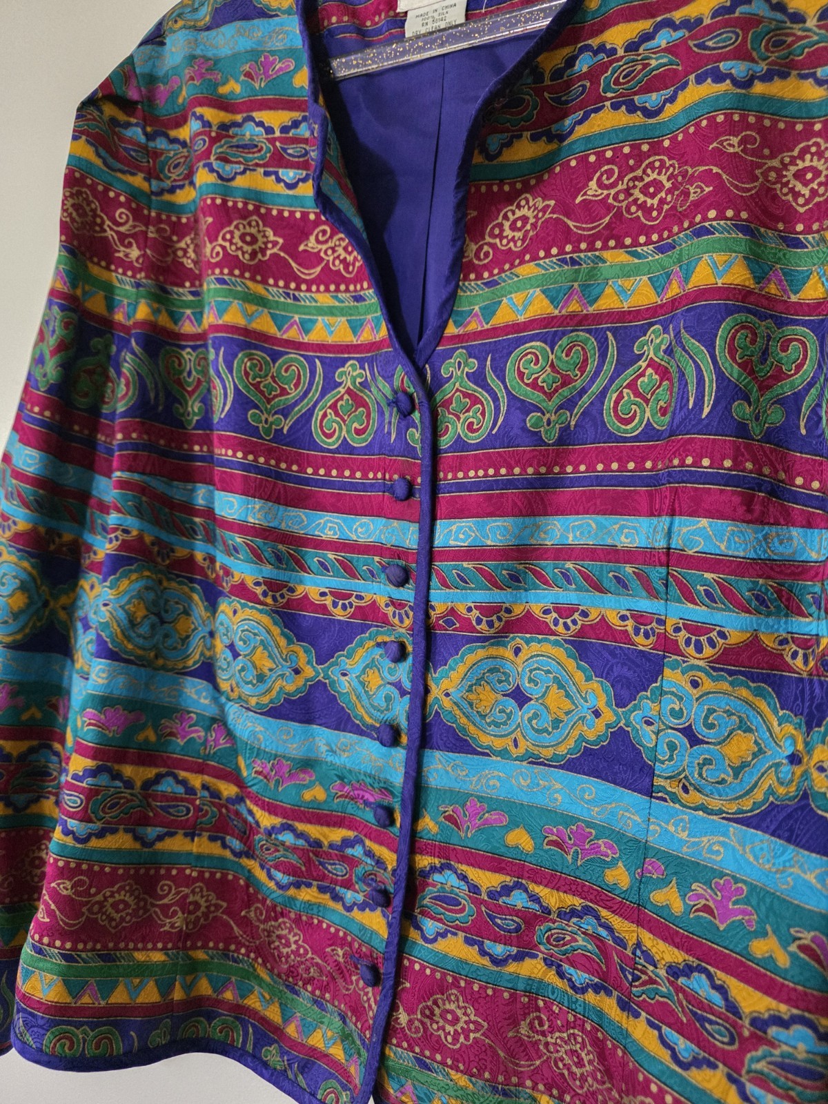 Vintage Maggy London 100% Silk Blazer Boho Jewel Tone Paisley Bright Sz Large
