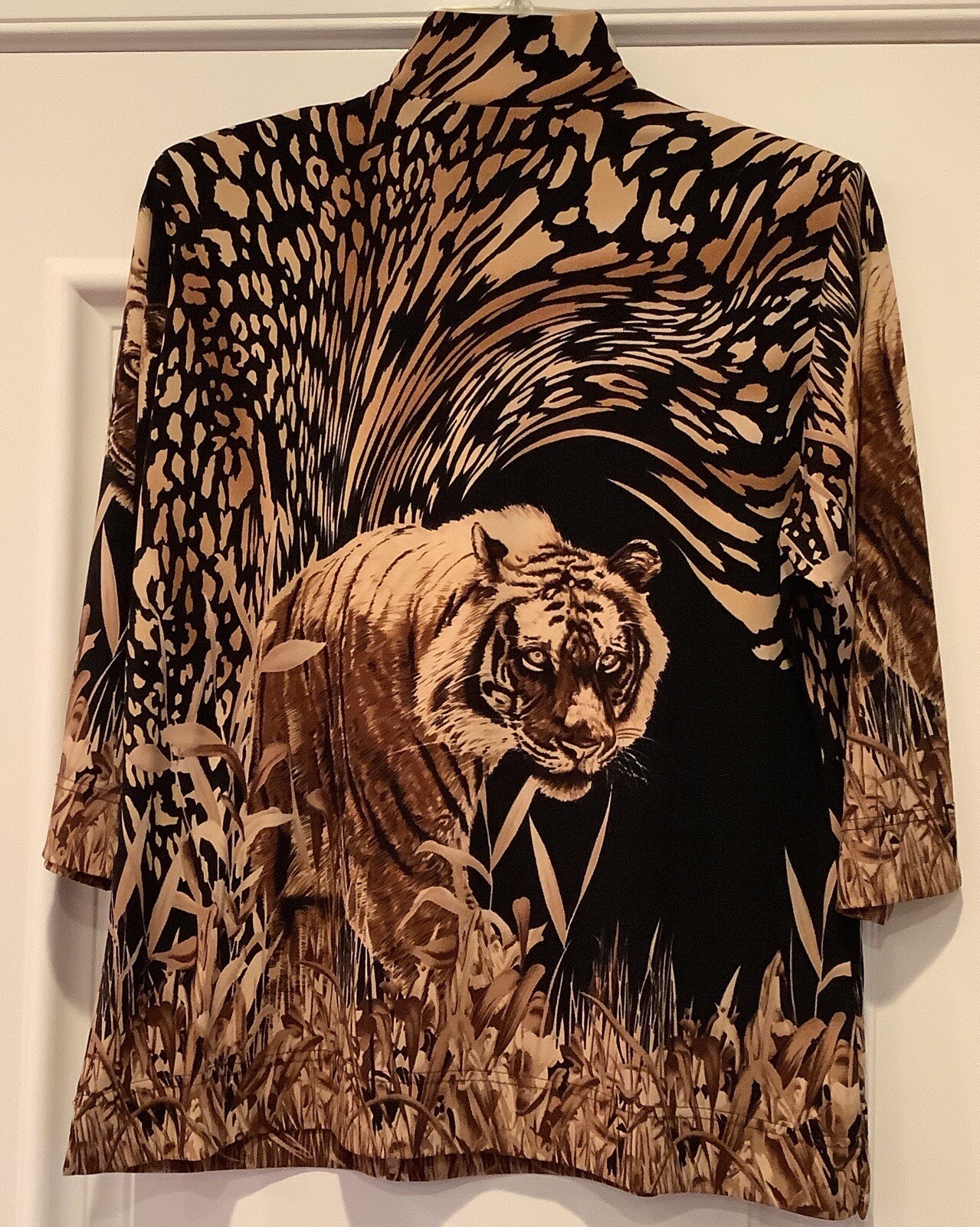 Vtg Jackets Galore By John Farah Top Large Leopard Tiger Print Bling 3/4 Sleeves