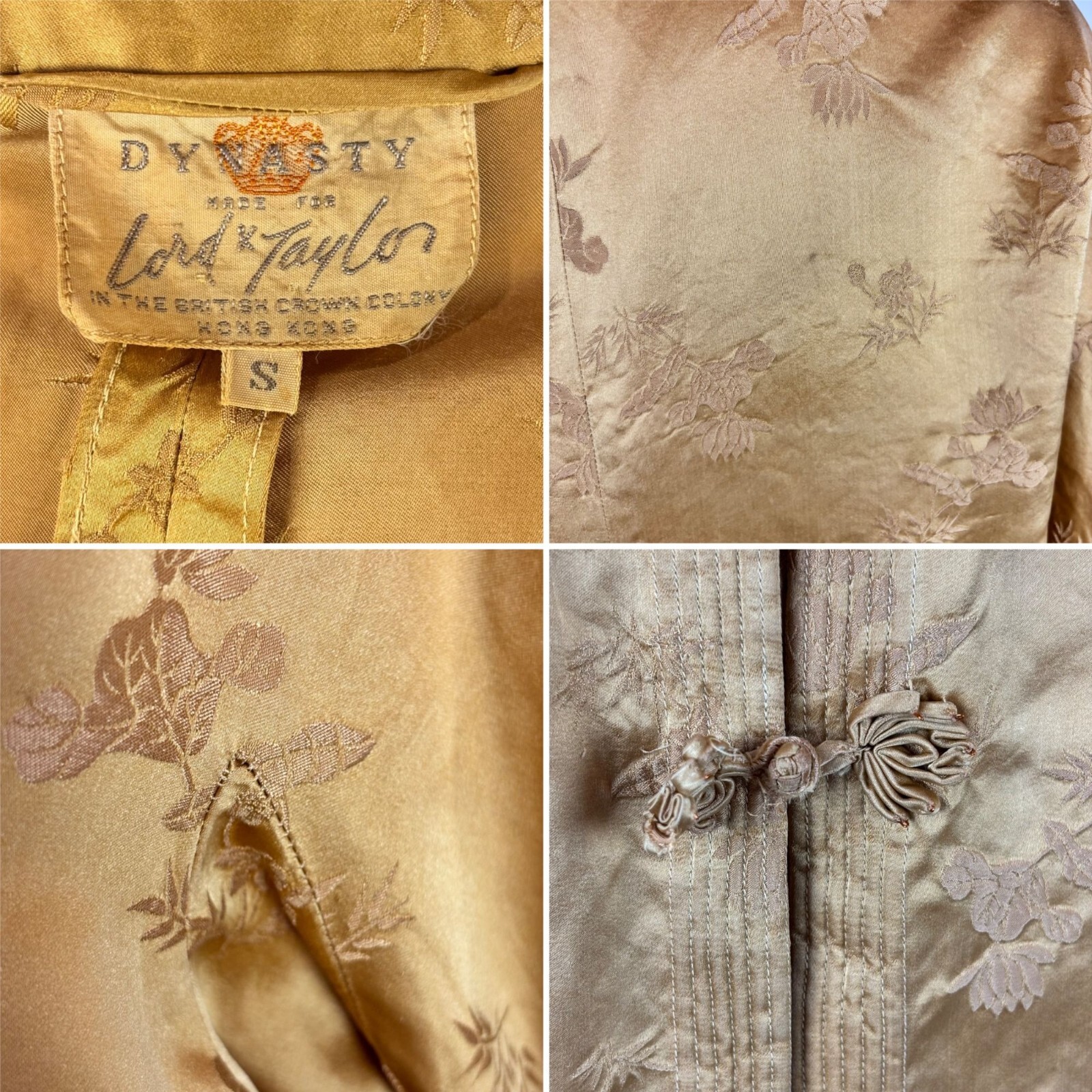 Vintage 70s Cheongsam Jacket Women’s Small Gold Floral Jacquard Frog Closures Dy