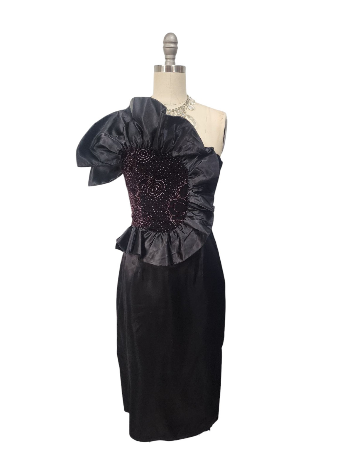 Vtg 80s Prom Dress XS 5 Gunne Sax Black Satin Short Avant Garde Origami Ruffle