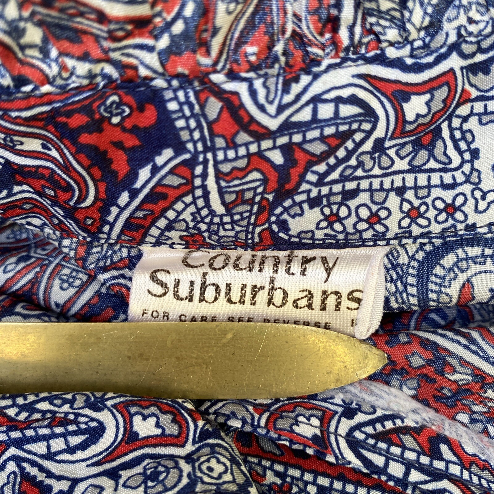 Vintage Secretary Blouse Shirt Large Red White Blue Paisley Ruffle Neck 70s 80s