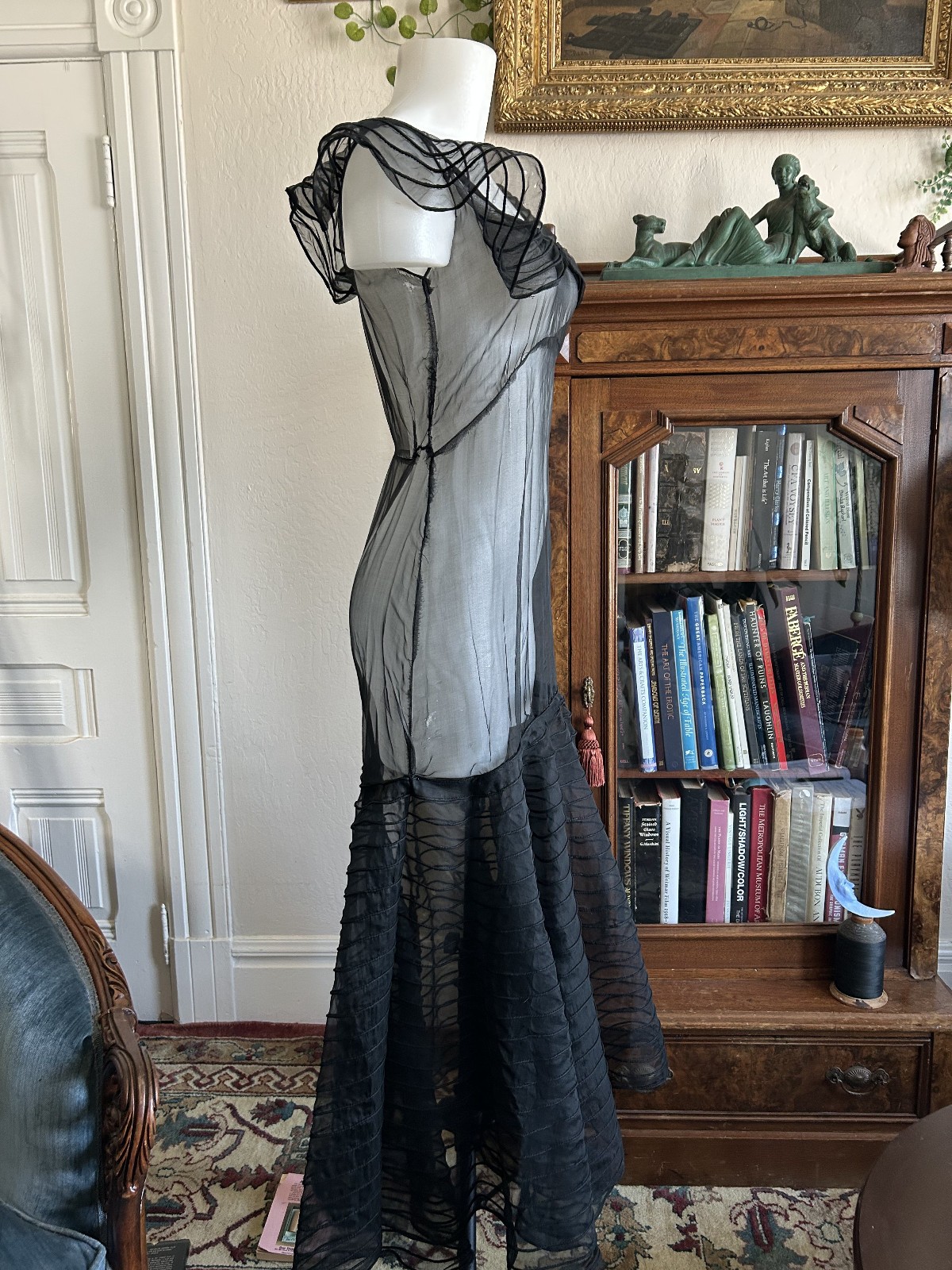 Vintage 1930s Sheer Black Mesh Net Gown Dress Bolero Set Bias Cut Deco Maxi S/M