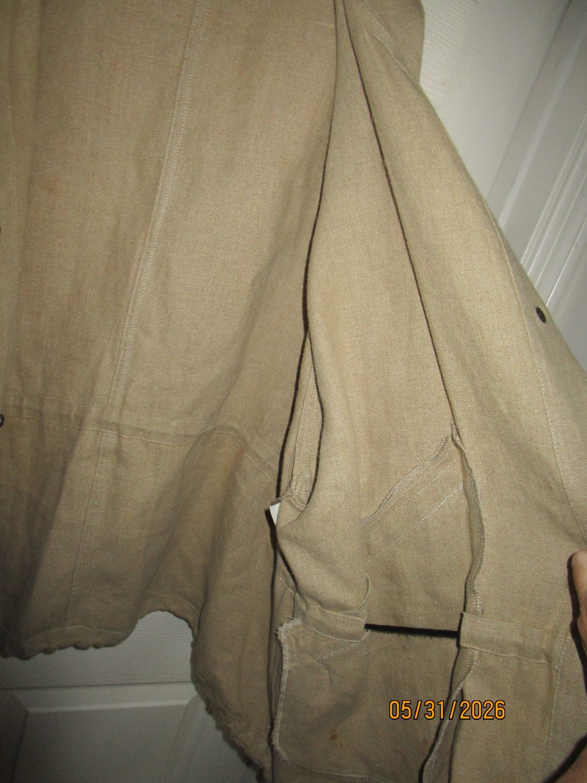 VTG XL L SONIA RYKIEL INSCRIPTION FRANCE TAN LINEN OVERSIZE UTILITARIAN JACKET