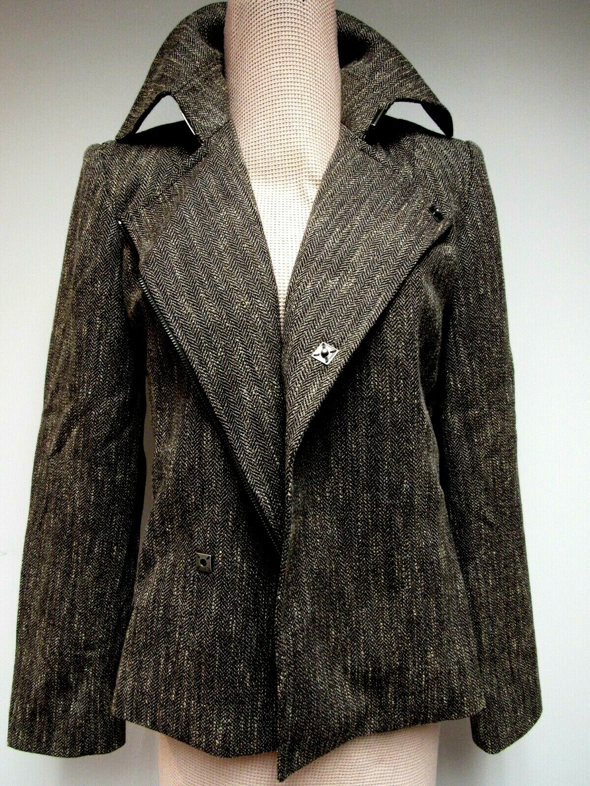 VTG COMPANY ELLEN TRACY Wool Blnd Jacket Biker Style Zipper Harris Tweed Gray 6