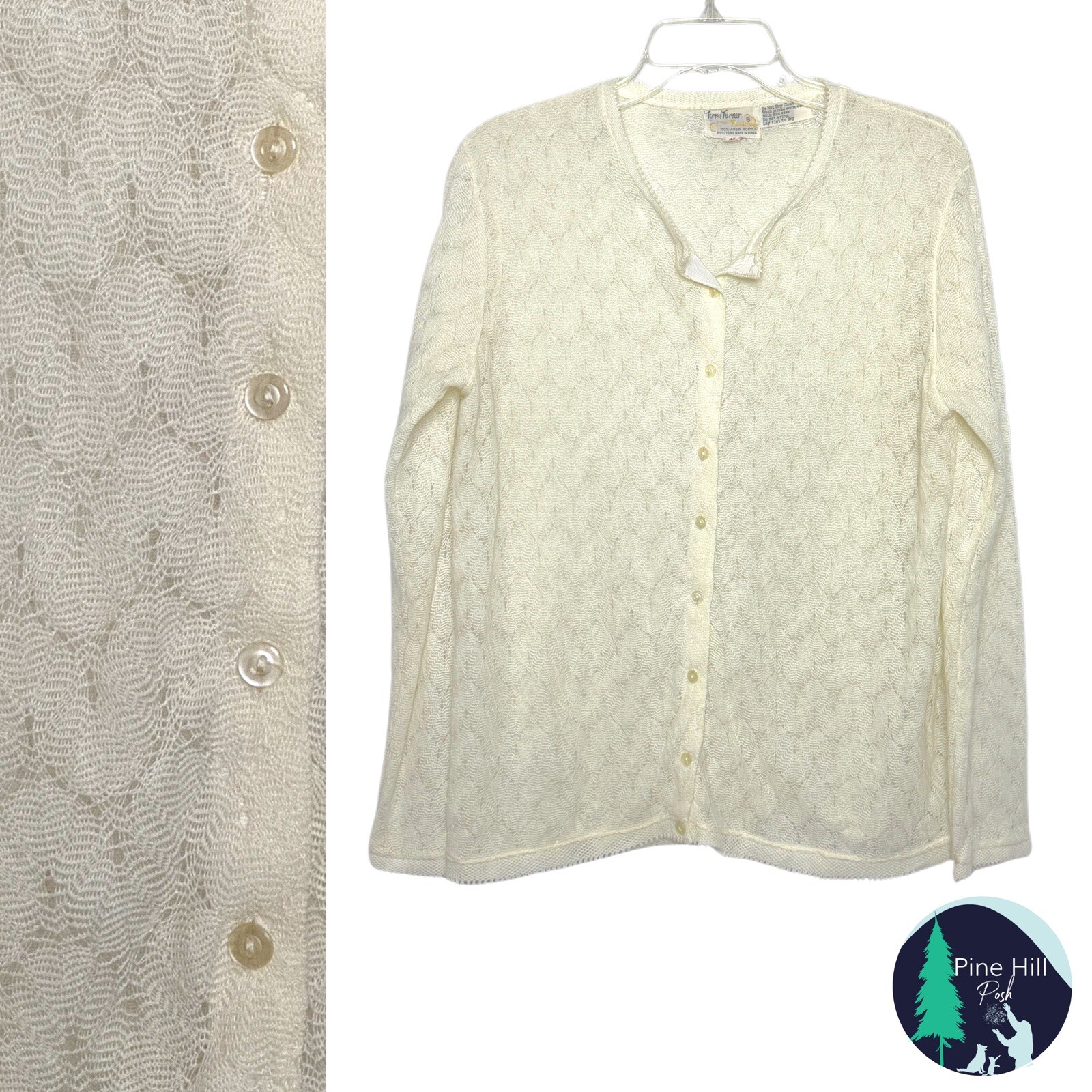 Vintage 70s Terry Turner Cardigan Sweater Sz Large Ivory Crochet Chiffon Lined