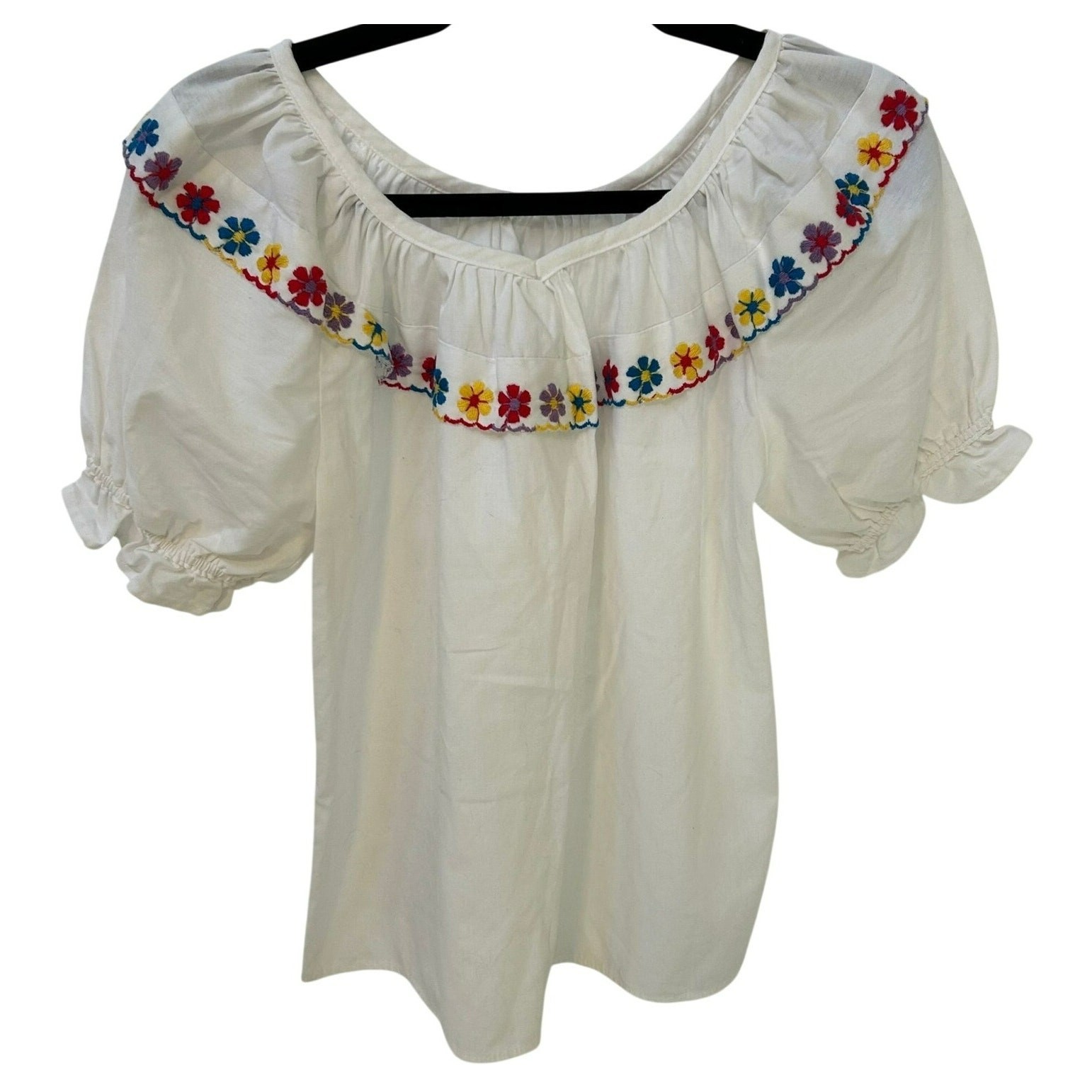 VTG Rockmount Ranch Wear White Floral Embroidered Ruffle Peasant Blouse Boho
