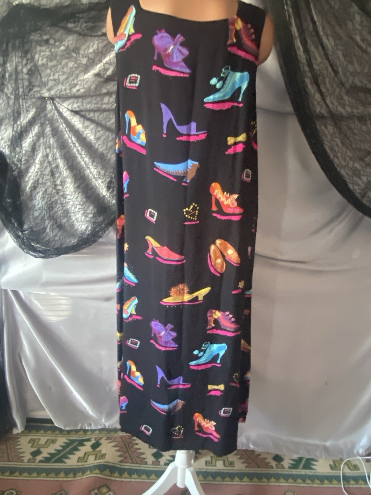 VTG PHASES Rayon SHOES Print beads Maxi Dress Size L INDIA SILKY CITRON YELLOW