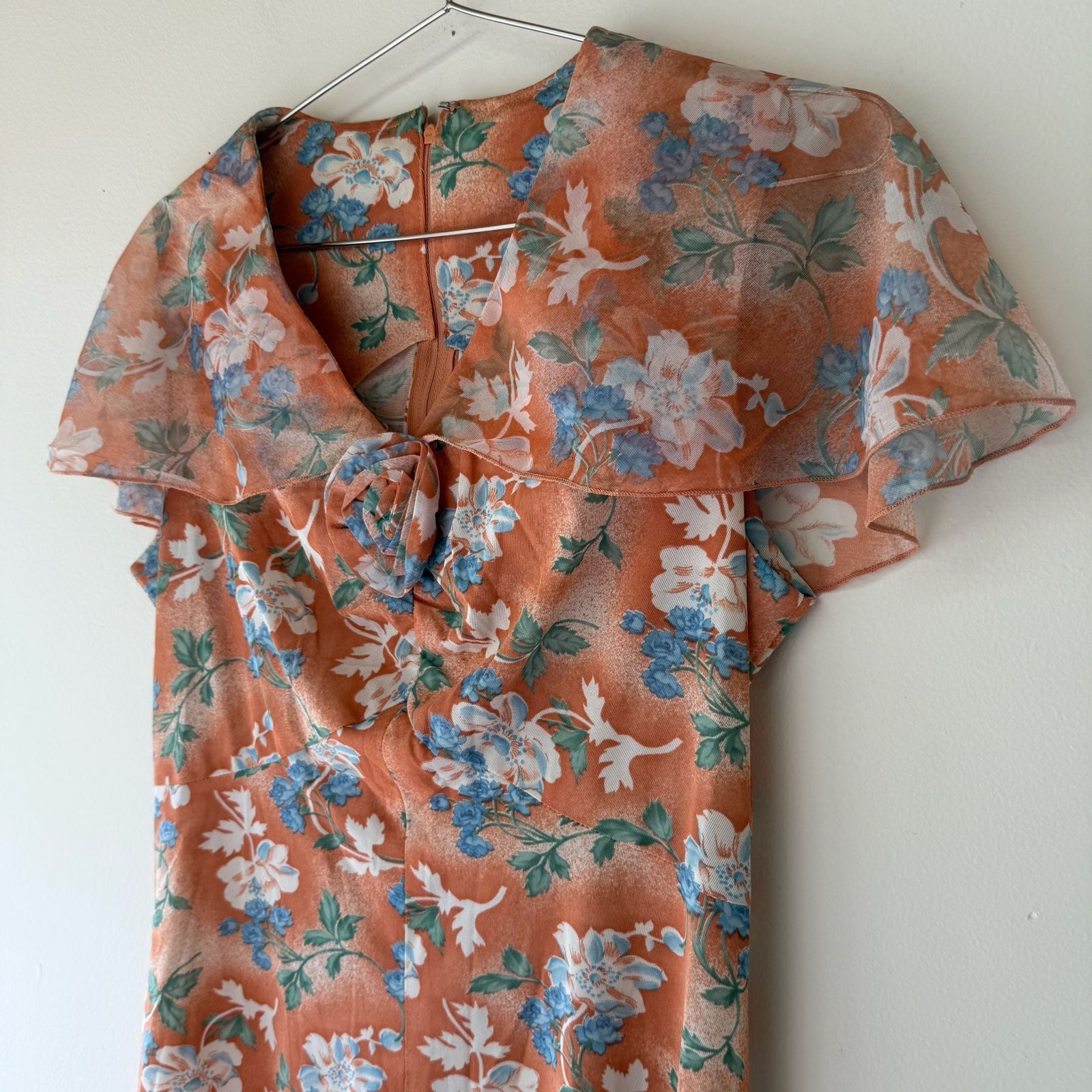 Vintage 1970s Orange Floral Print Maxi Dress Capelet Flutter Sleeve
