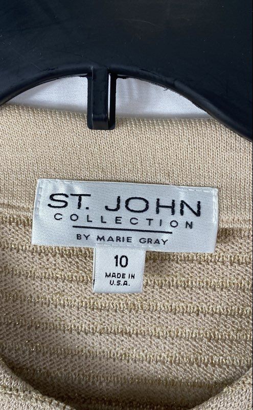 Vintage 90s St John Marie Gray Women’s Beige Gold Metallic Knit Jacket Sz 10