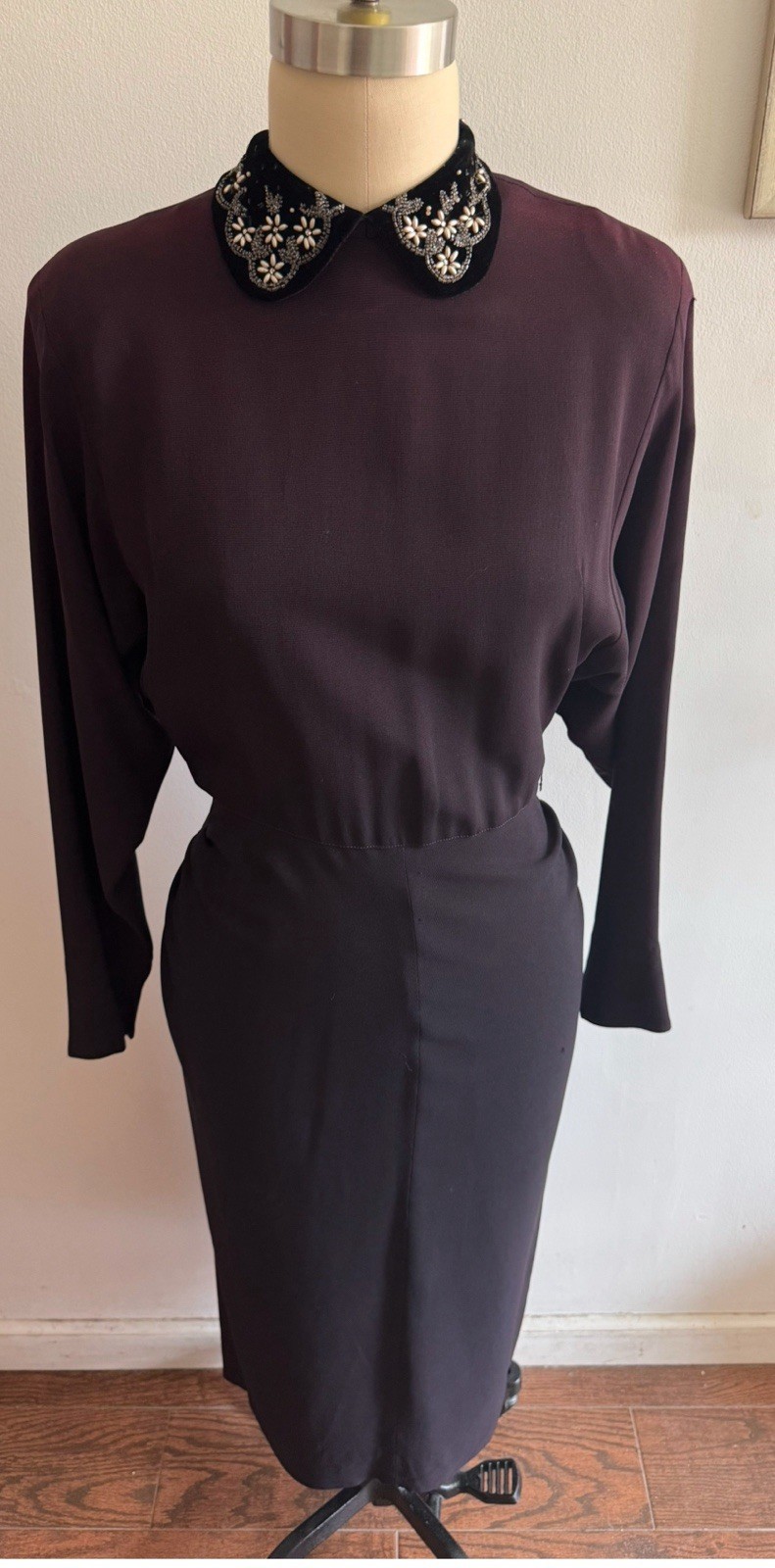 Vintage Dress Black/Purple Beaded Velvet Collar Button Zip Back SZ 10 Handmade?