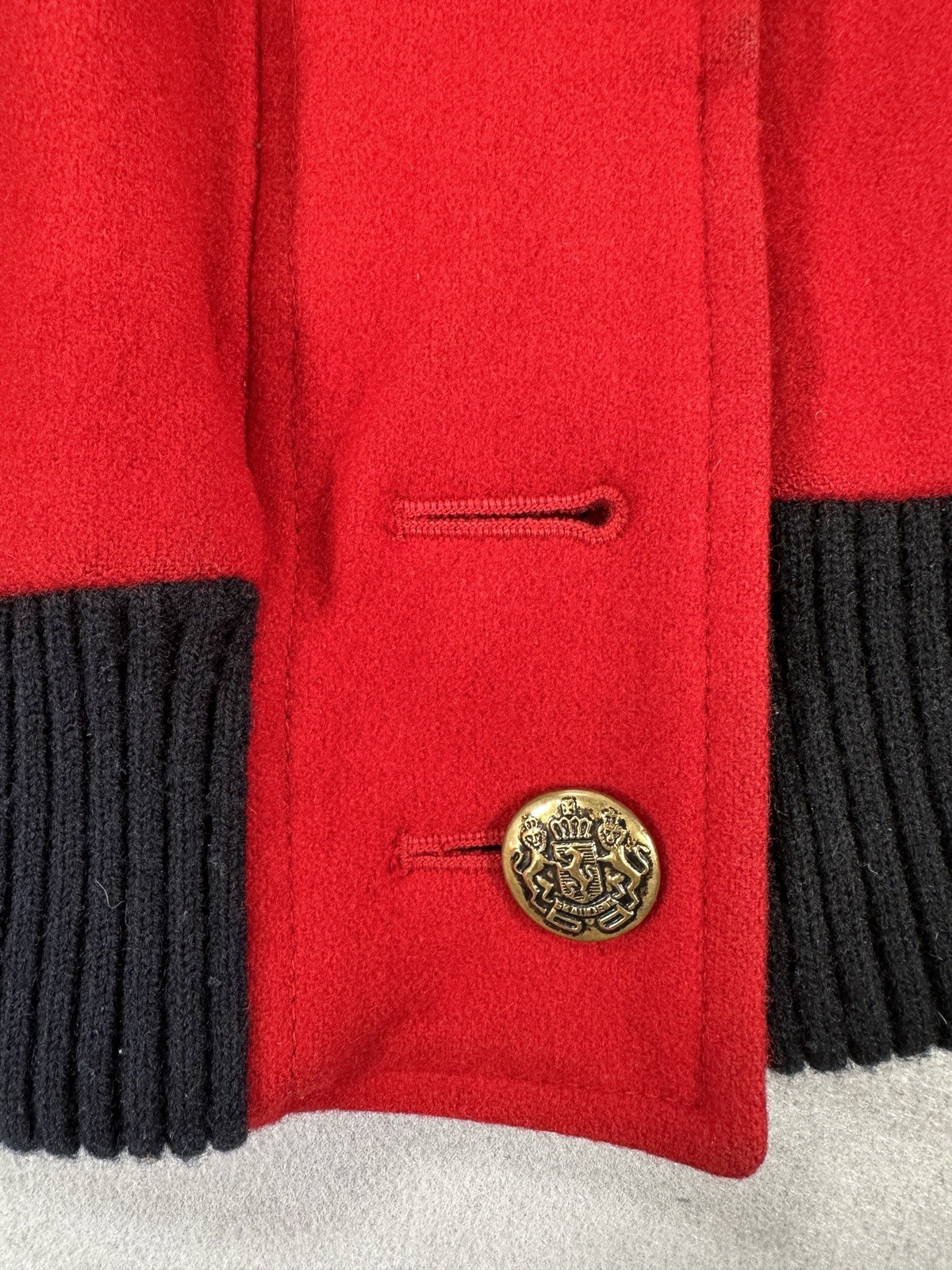 Herman Kay Vintage Winter Coat sz 6 Long Red Black Gold Buttons Wool Pleated