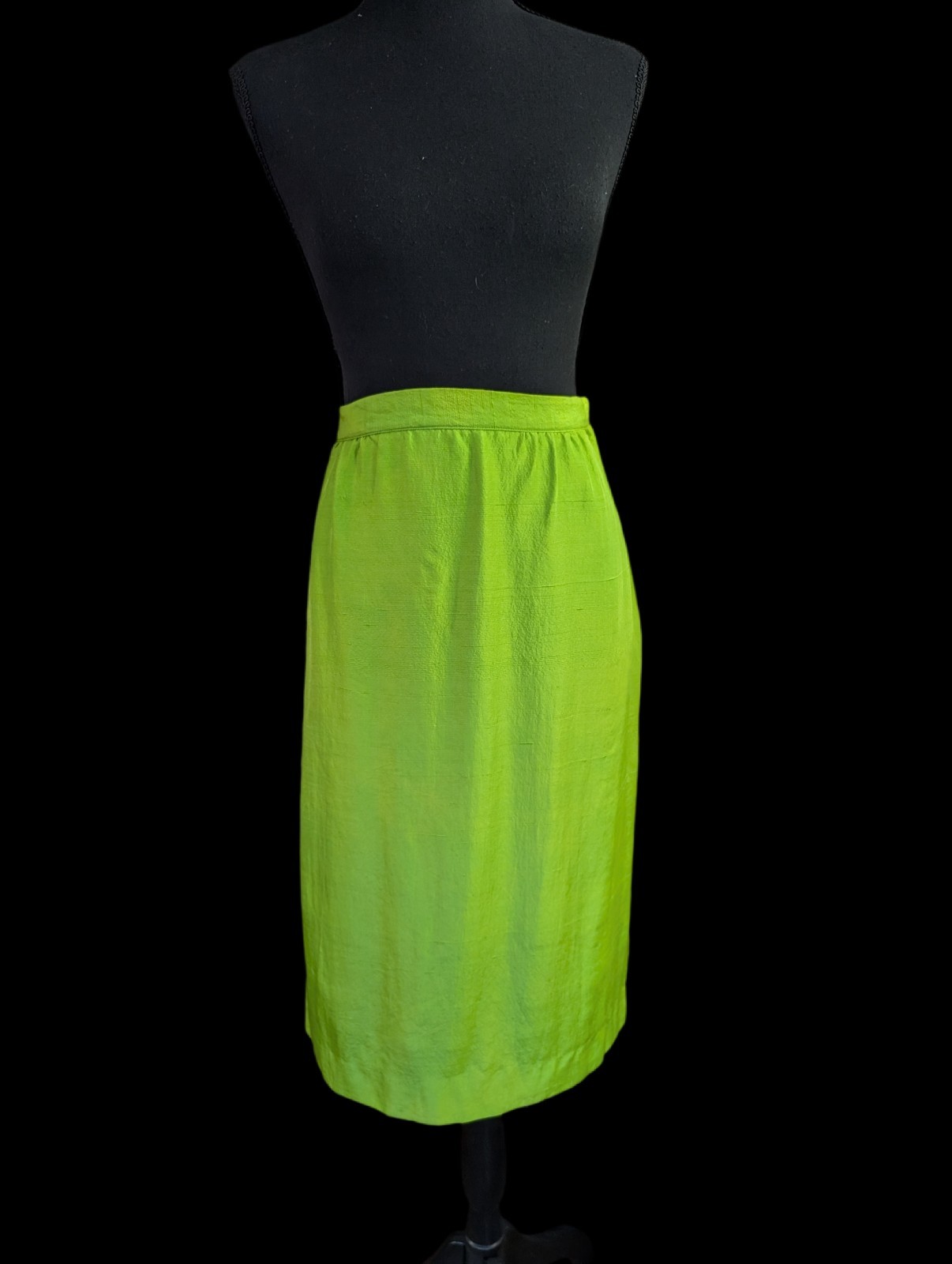 Vintage 60s 70s Chartreuse Green Silk Dupioni Pencil Skirt Mod Cocktail S 4 Or 6