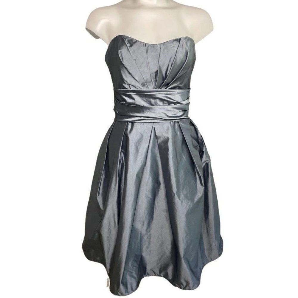 Watters & Watters Strapless Gunmetal Silver Gray Taffeta Ruched Dress sz 8