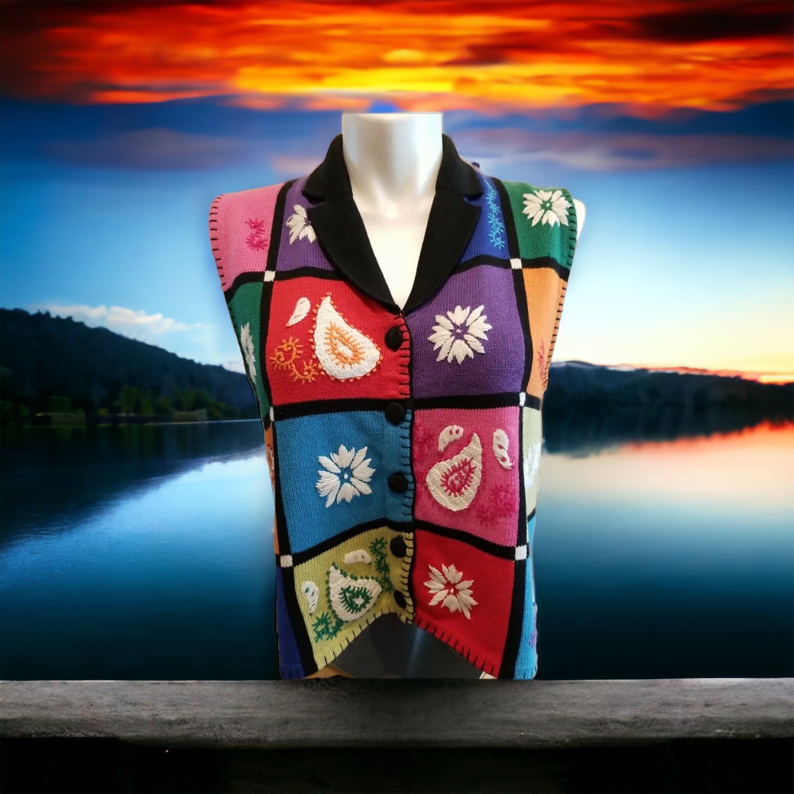 Belle Pointe Women’s Sz L Vintage Knit Sweater Vest Colorblock Embroidered