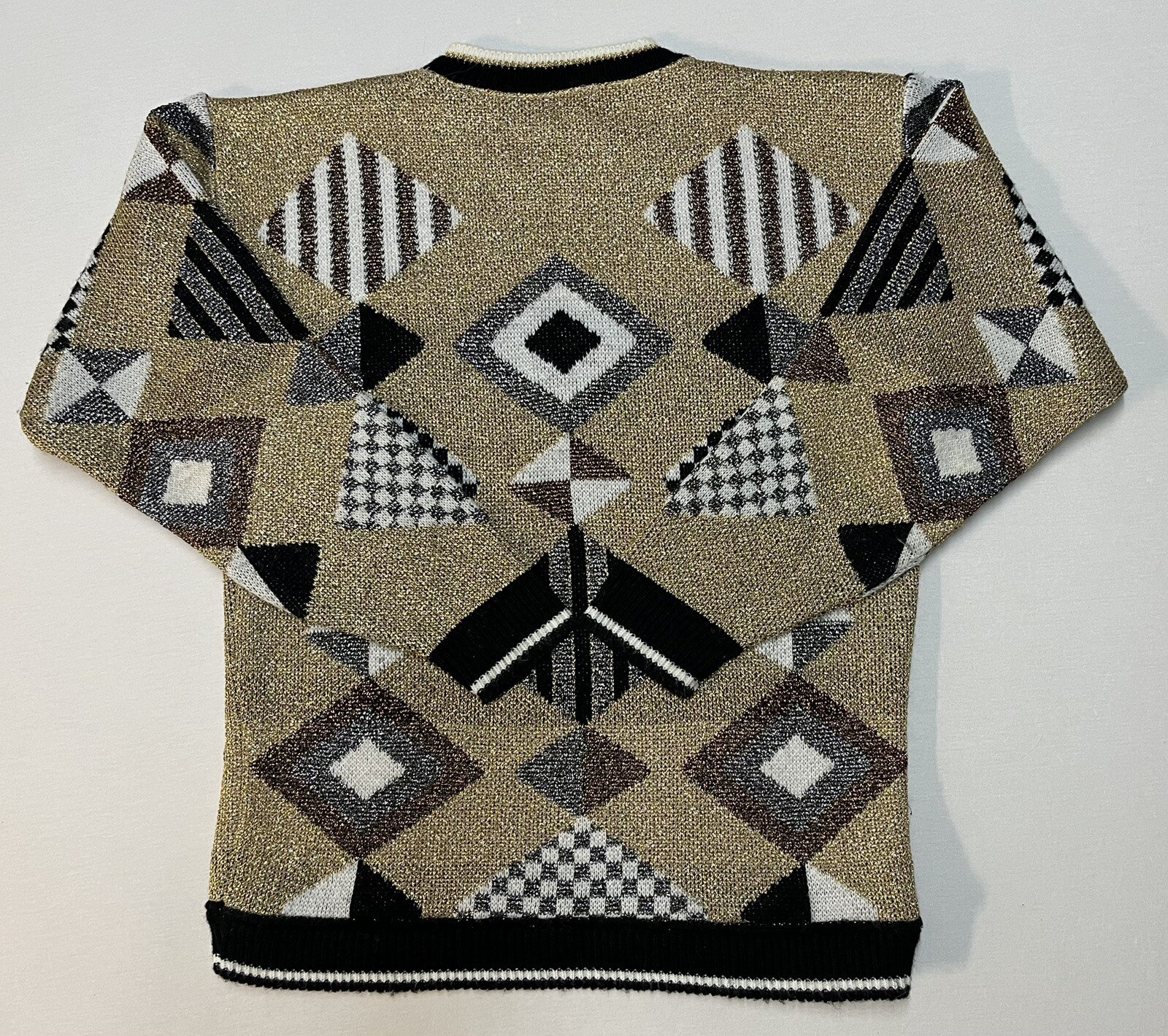 Vintage 80’s Beldoch Popper Sweater Gold Geometric Made USA Sz S Chest 38” EUC