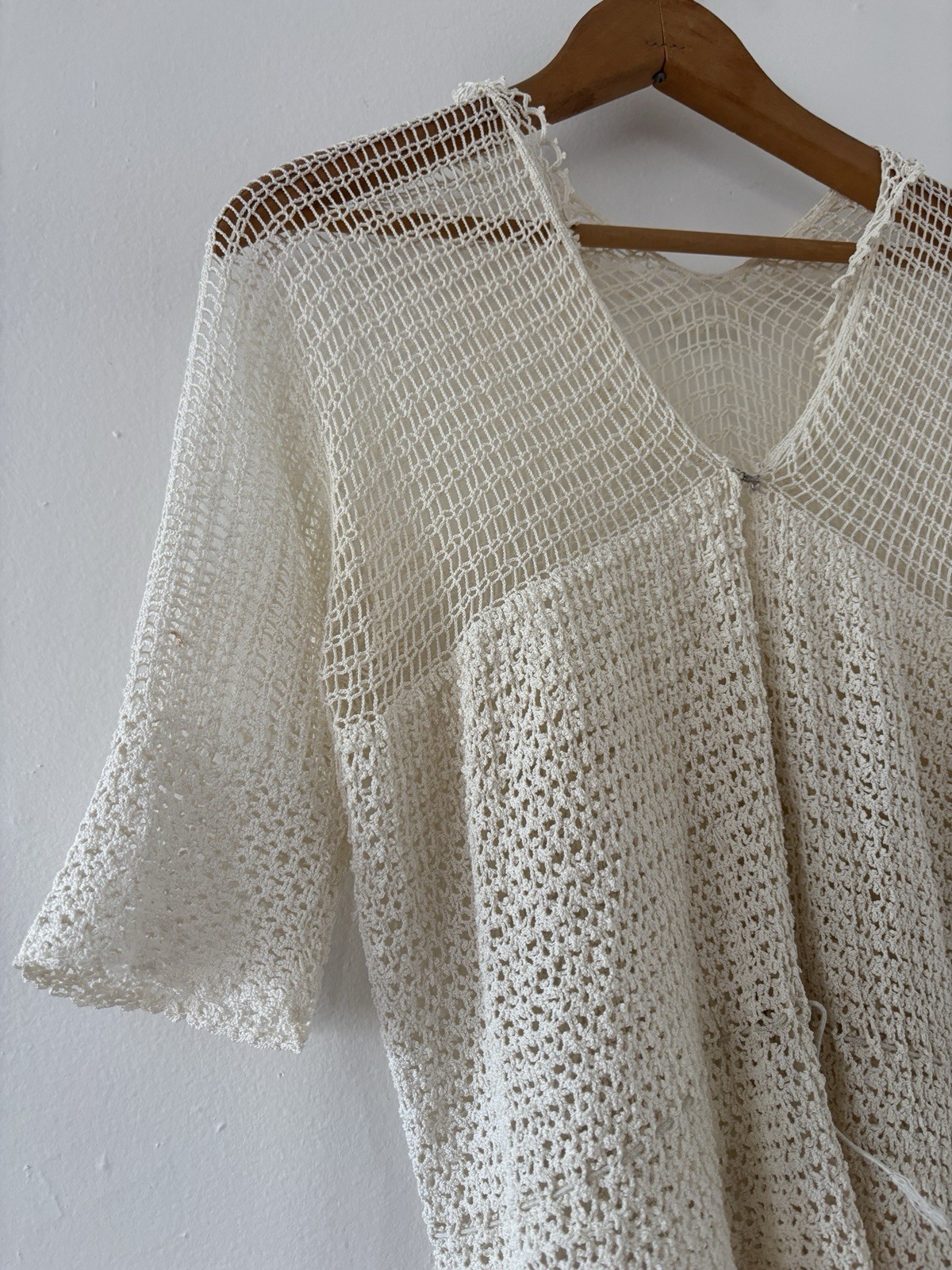 Antique Edwardian 1910s 1920s Ecru Rayon Crochet Knit Top/Sweater Ruffle Edging