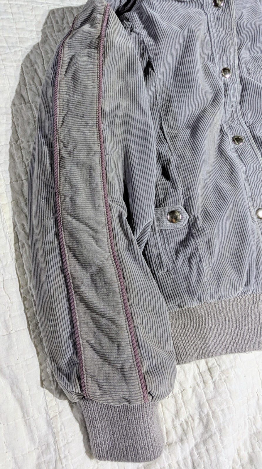 Vintage Mod Maid Coat 60s 70s Women’s SMALL Gray Corduroy Purple Trim Hooded