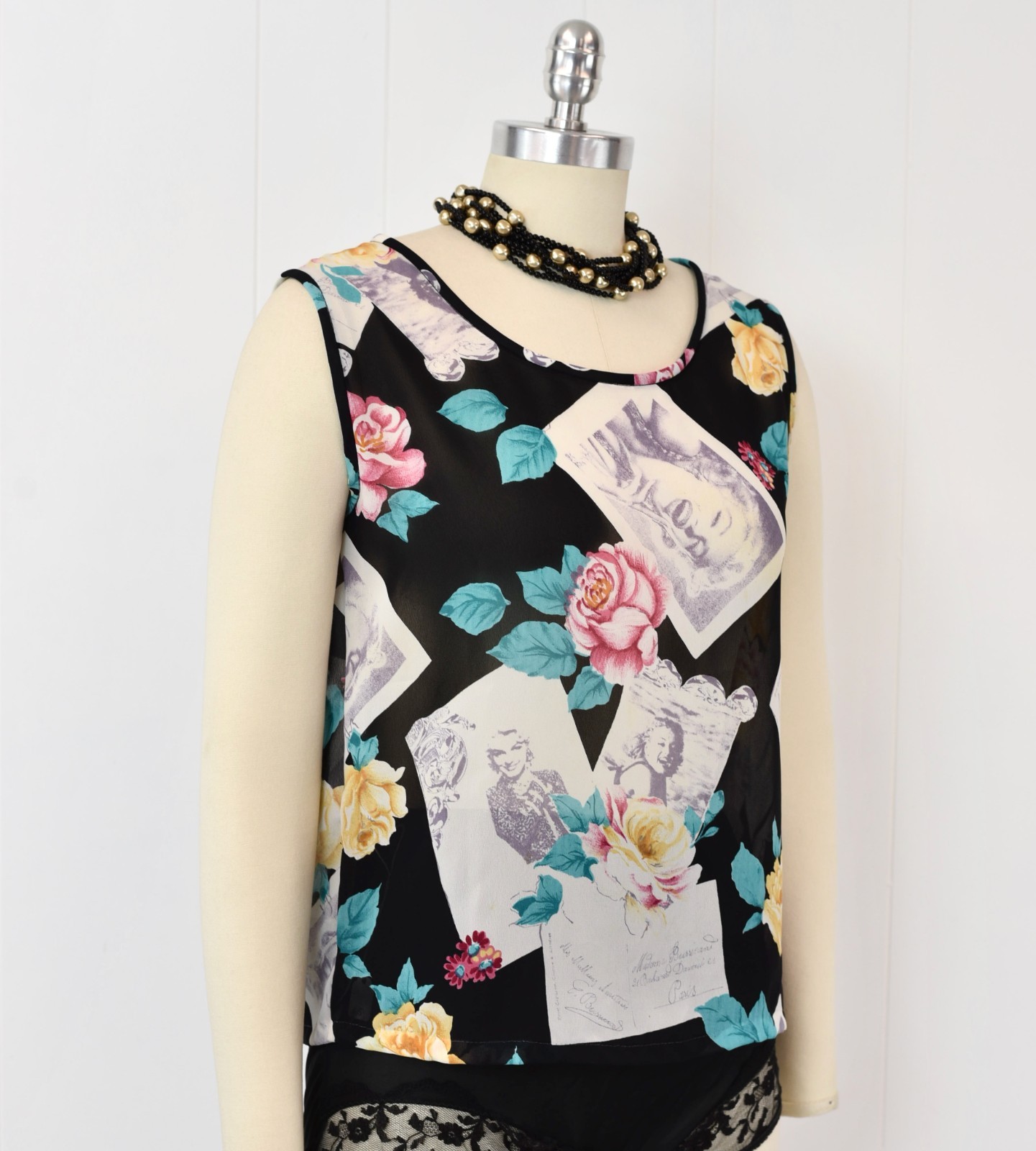 Vintage Marilyn Monroe Novelty Print Floral Black Sheer Lingerie Top Robe Set