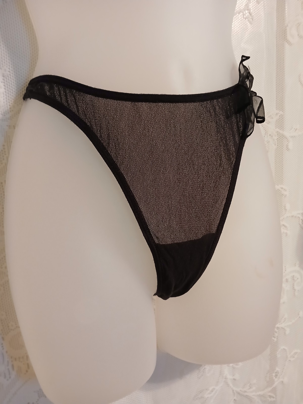 Vintage Secret Treasures Black Sheer Chiffon Flower G-String Thong Panties S