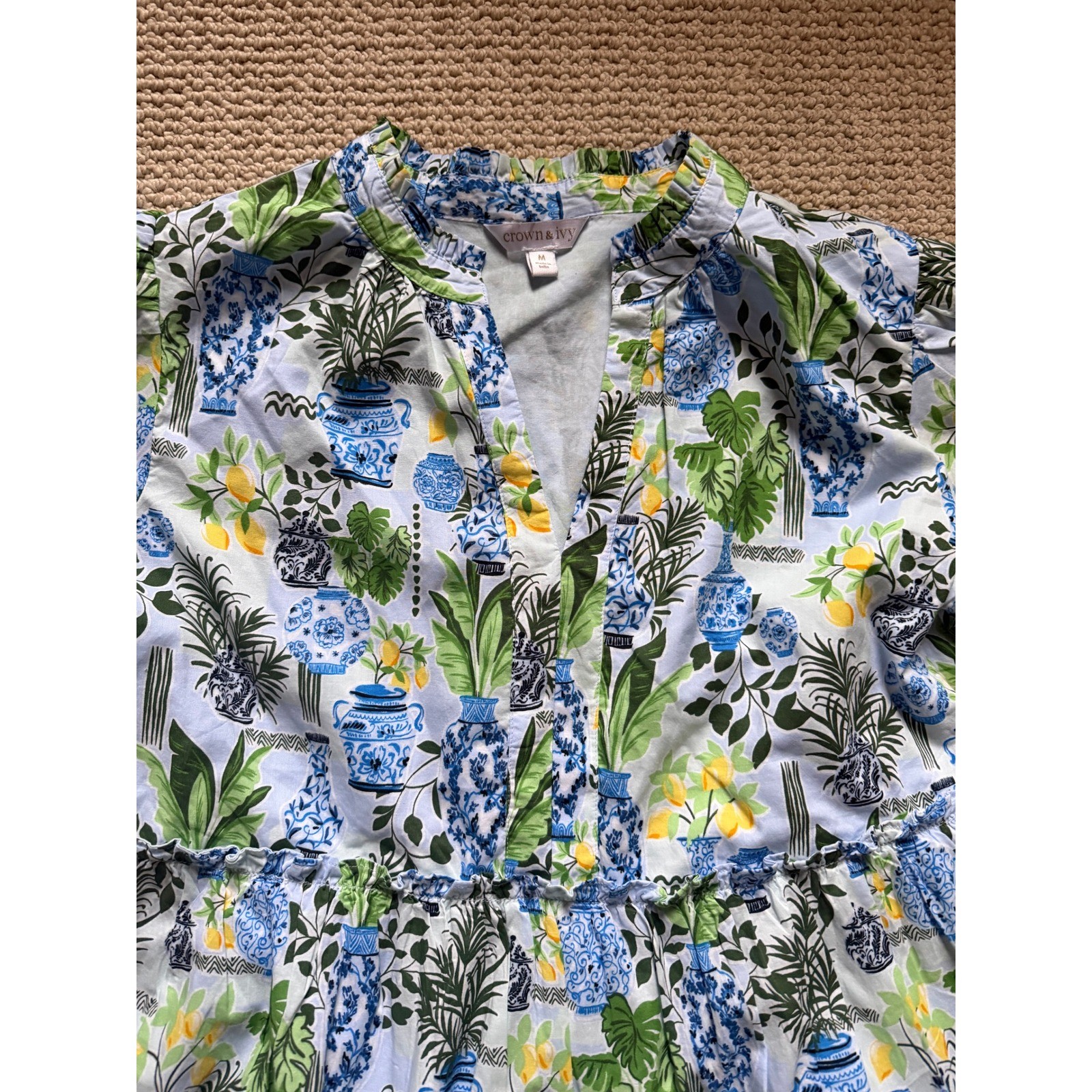 Crown & Ivy Blue & Green Chinoiserie Vase Tiered Ruffle Dress Size M 100% Cotton