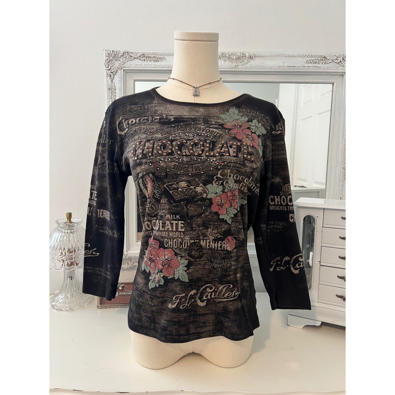 vintage fairy grunge graphic rhinestoned 3/4 sleeve top