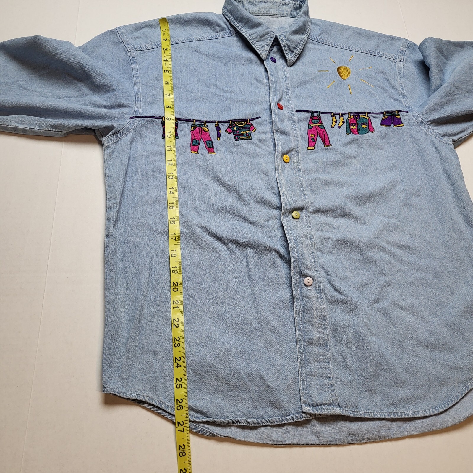 Vtg Denim Clothesline Shirt Womens L Blue Playful Long Sleeve 90s S88
