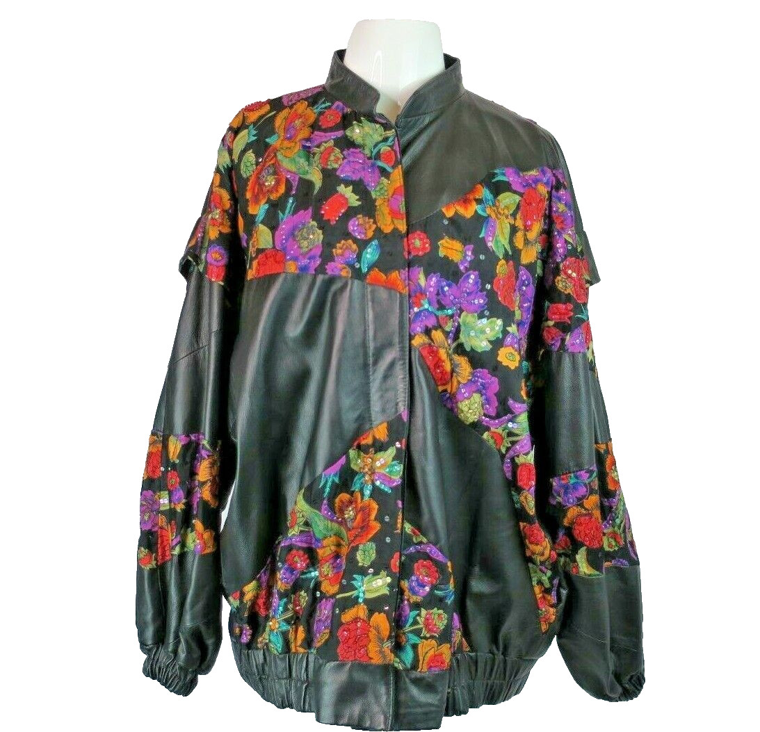 VTG 80s Judith Ann Creations Batwing Floral Sequin Leather Bomber Jacket Sz M/L