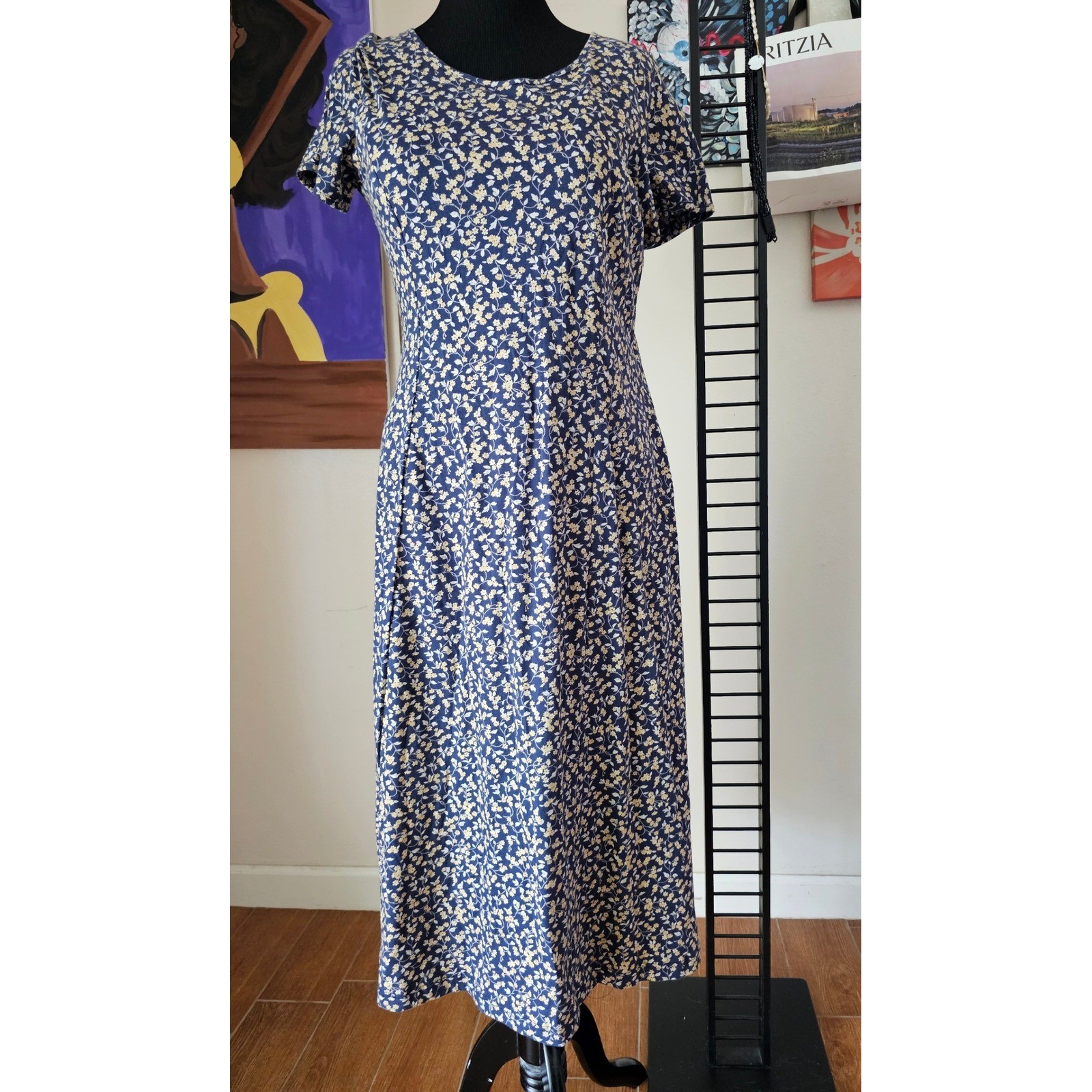 Laura Ashley Vintage Navy Yellow Ditsy Floral Cotton Long Dress Large UK Made