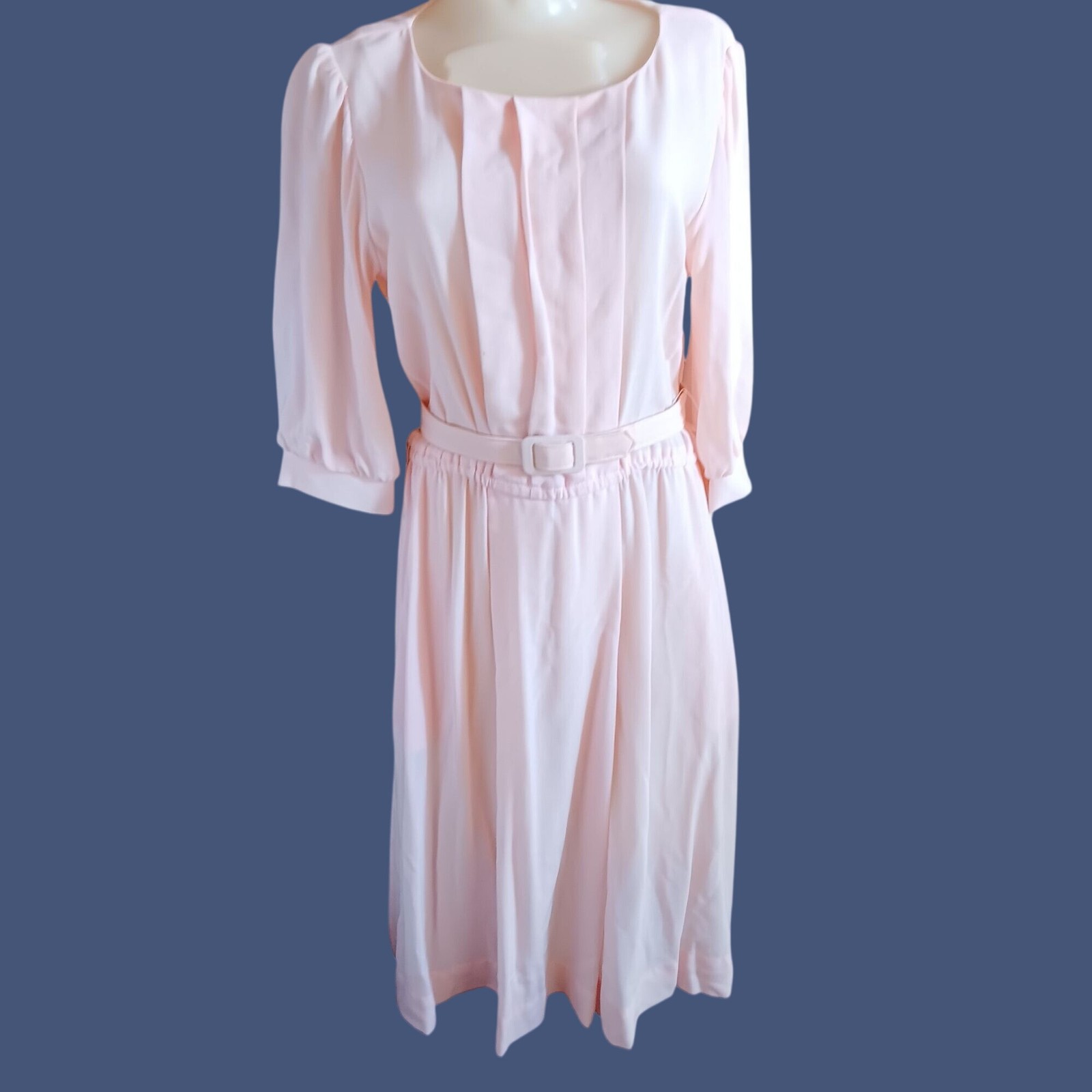 10-P Vintage Dress 1980’s EJM Petite Rose Pink Belted Secretary Made In Usa