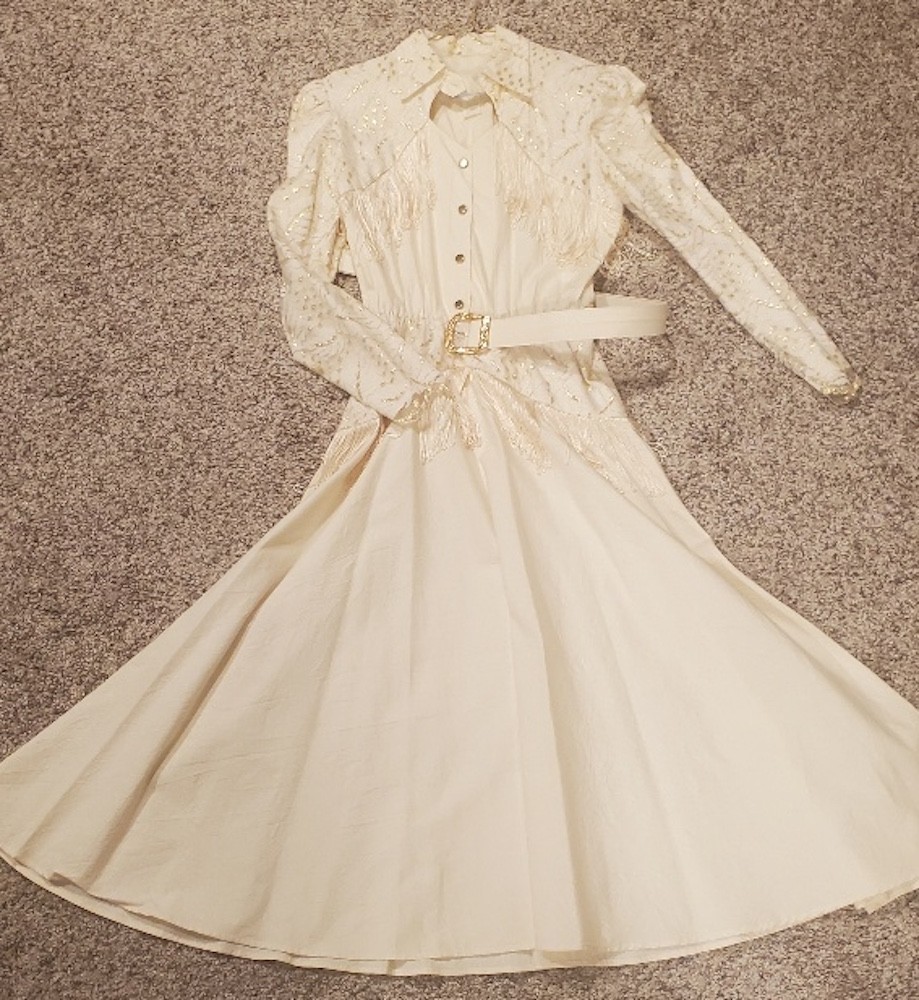 Vintage Lilia Smitty Ivory/Gold Western Prairie Dress Embroidered Fringe Cowgirl