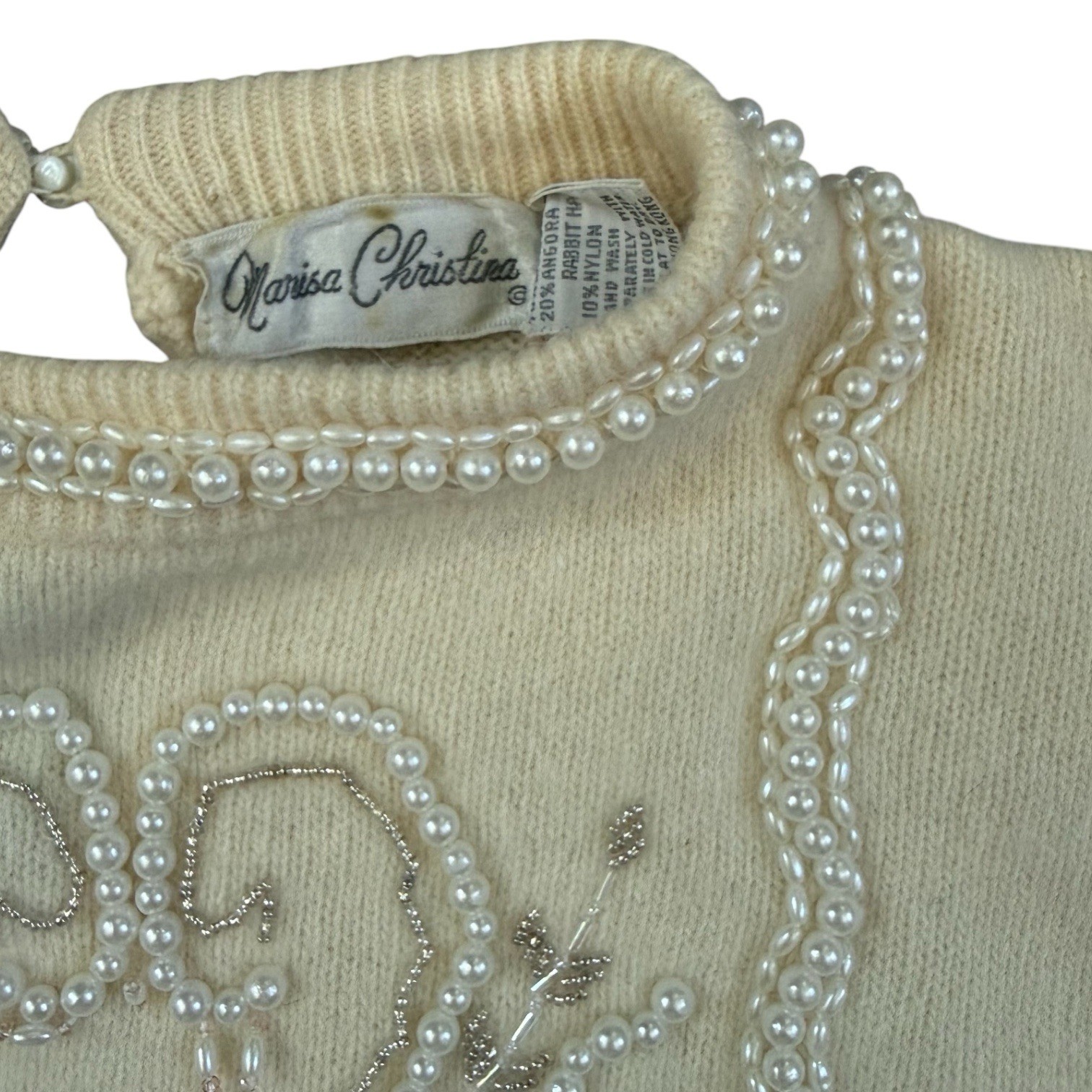 Vintage Marisa Christina Cream heart Pearl Beaded Sweater 34″ bust EUC angora
