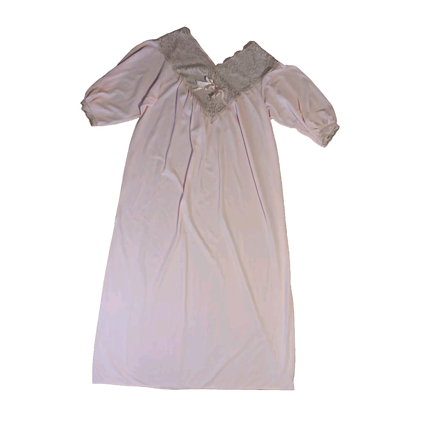 Vtg Sears Womens M 42-44 Pink Sheer Long Nightgown Nylon Lace Front 3/4 Sleeve