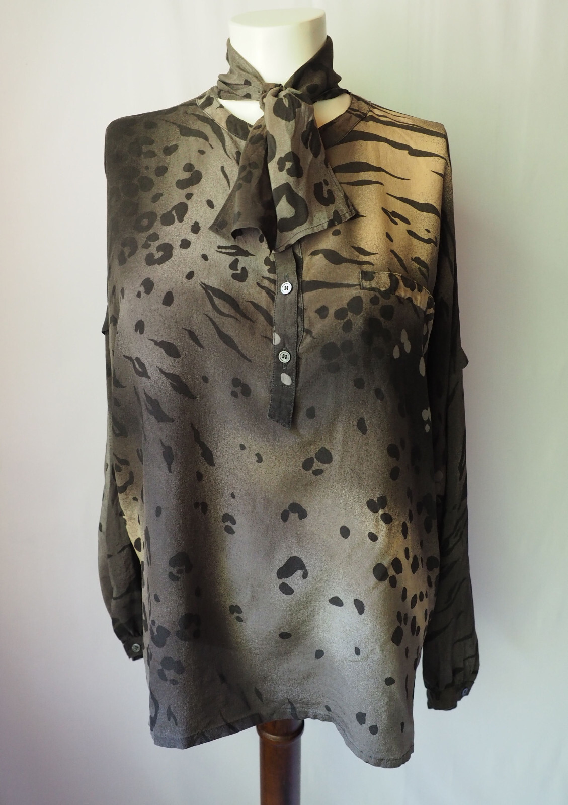 Vintage Escada West Germany Silk Blouse Animal Print Leopard Tiger Gray Beige