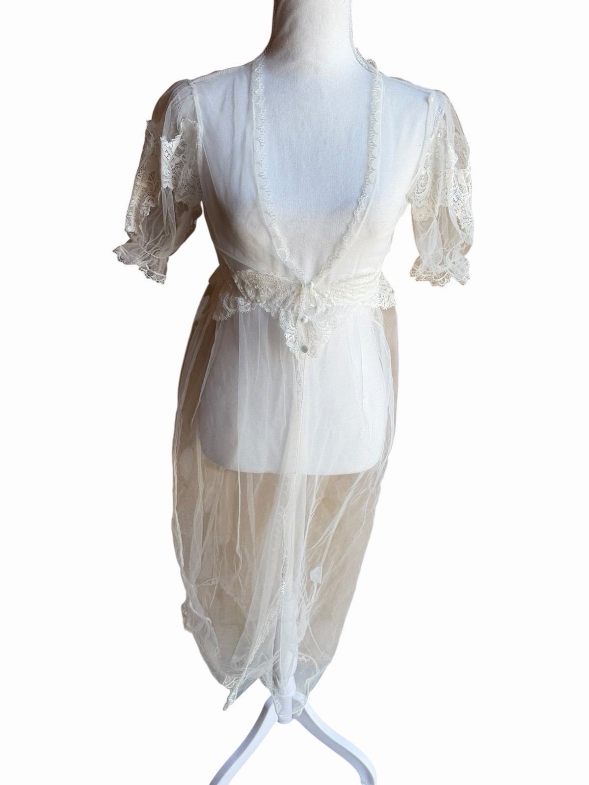 White Sheer Chiffon Peignoir Robe Lace Trim Bridal Wedding Lingerie M bust 34″