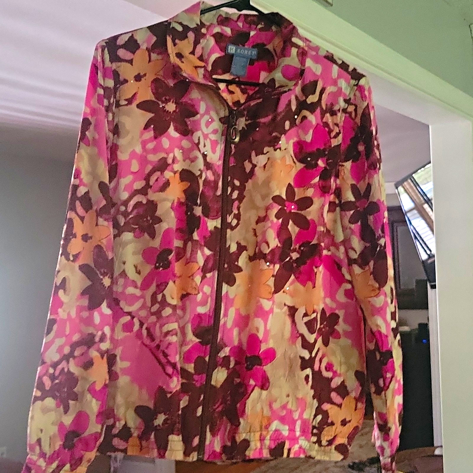 Vintage Womens Y2K Windbreaker Jacket Size L Floral Print Bedazzled 90s Vtg Coat
