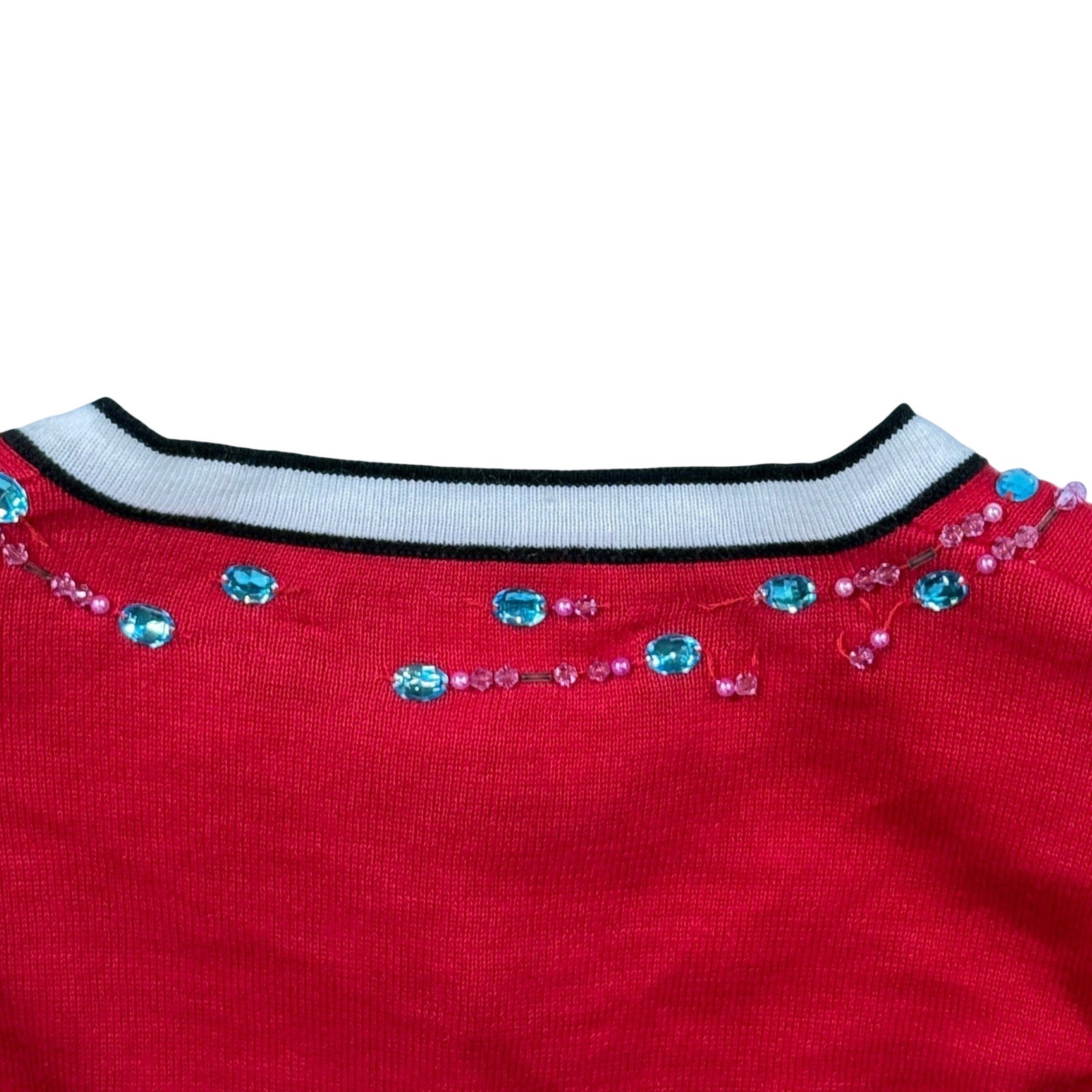VTG Jack B Quick Cardigan Women S Red Novelty Striped Beaded Whimsical Parisiane