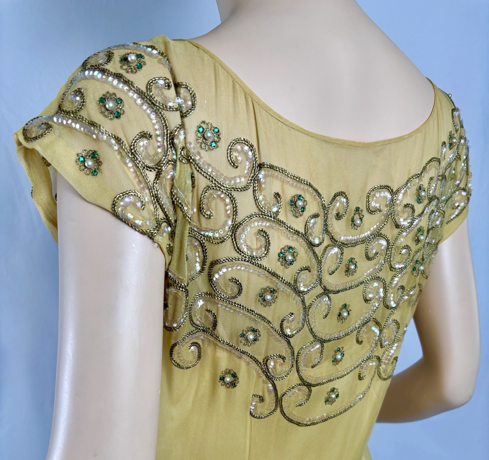 Vintage 40s Goldenrod Silk Chiffon Evening Gown Rhinestones, Sequins, Gold Cord