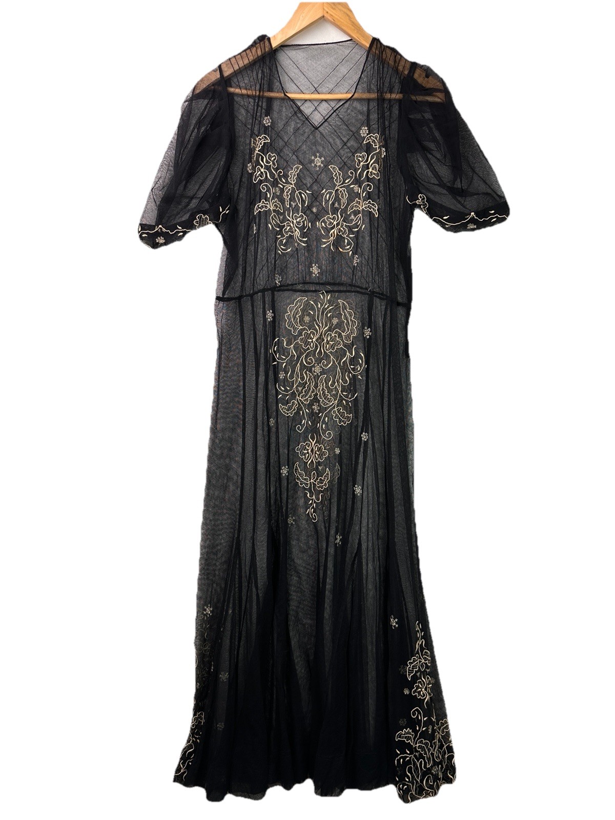 Edwardian Antique Size M 1910s 1920s Black Lace Dress Embroidered Netting Sheer