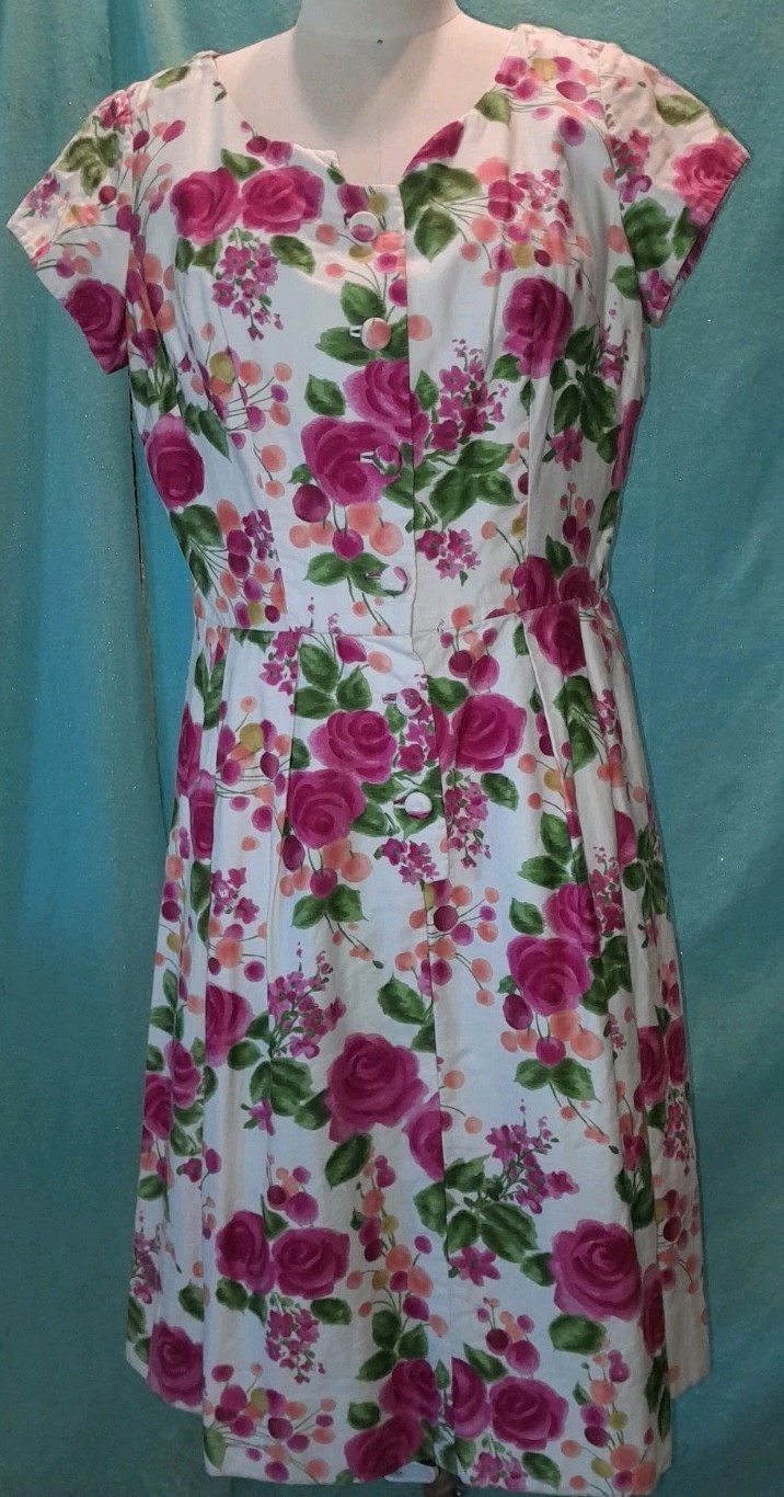 Vtg 50s Cotton Floral ROSE Button Rockabilly Casual Day Pin Up Marilyn Dress M L