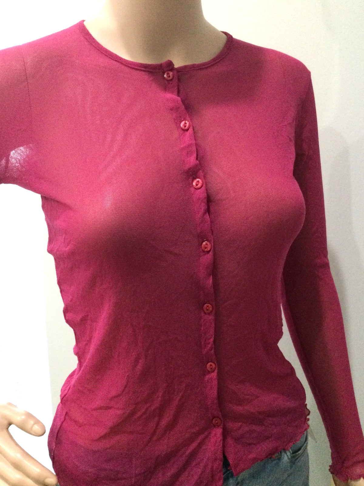 Vintage Hanky Panky NWT Sheer Mesh Cardigan Pink Button Front Lettuce Hem S Y2K