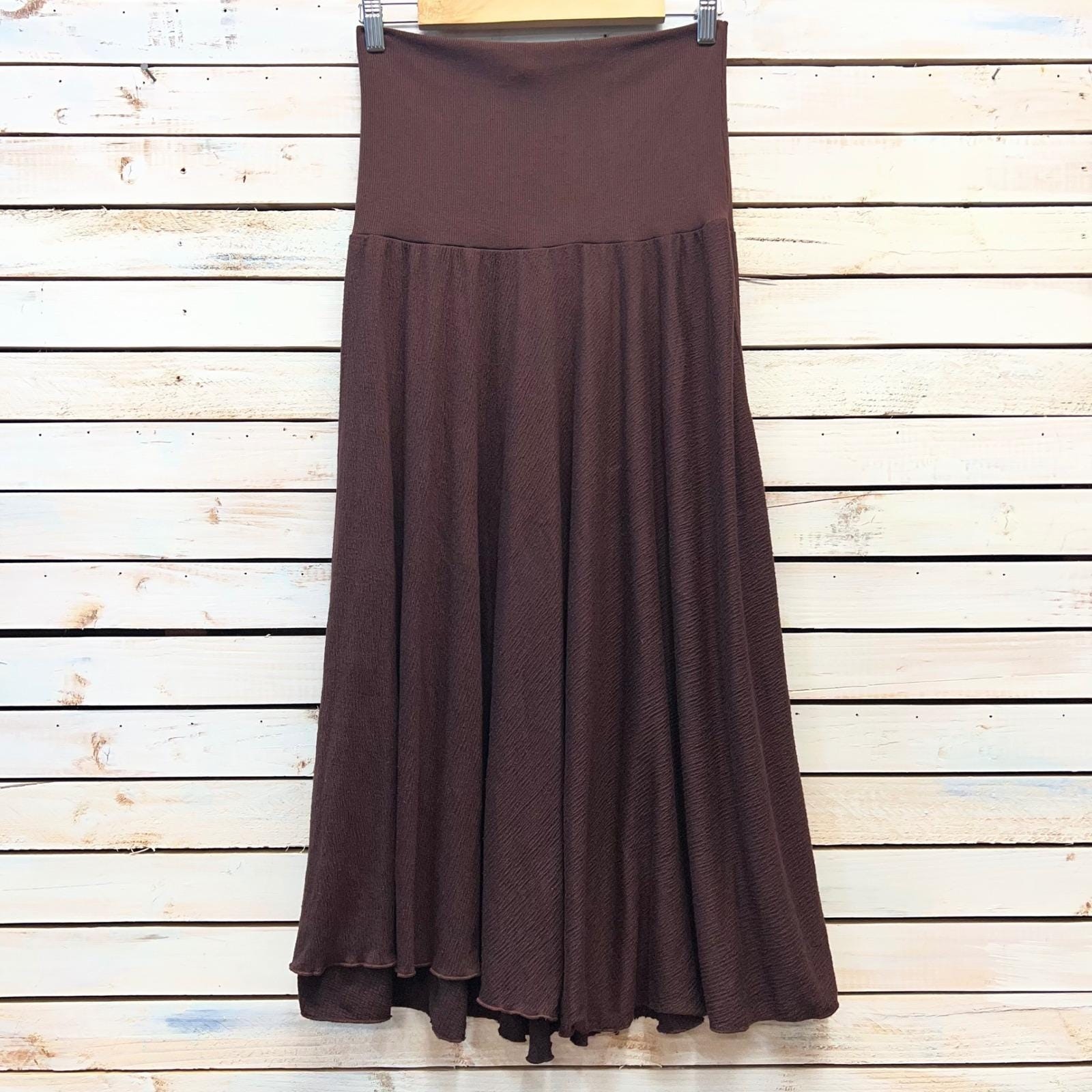 Vintage Brown Rayon Blend Knit Midi Skirt High Waist Flared Boho 90s XL